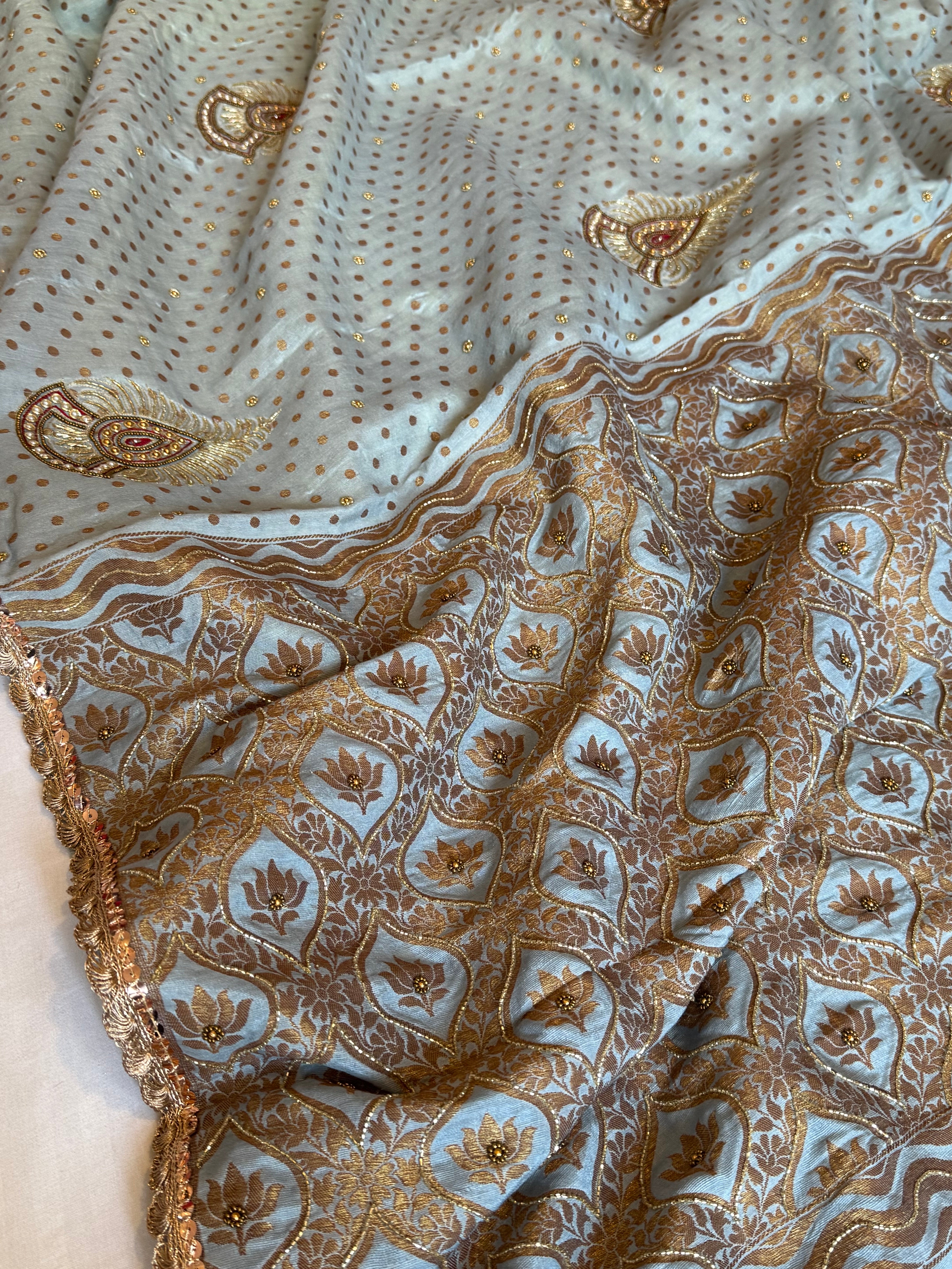 Water blue moonga silk antique zari hand embroidered kadhwa saree