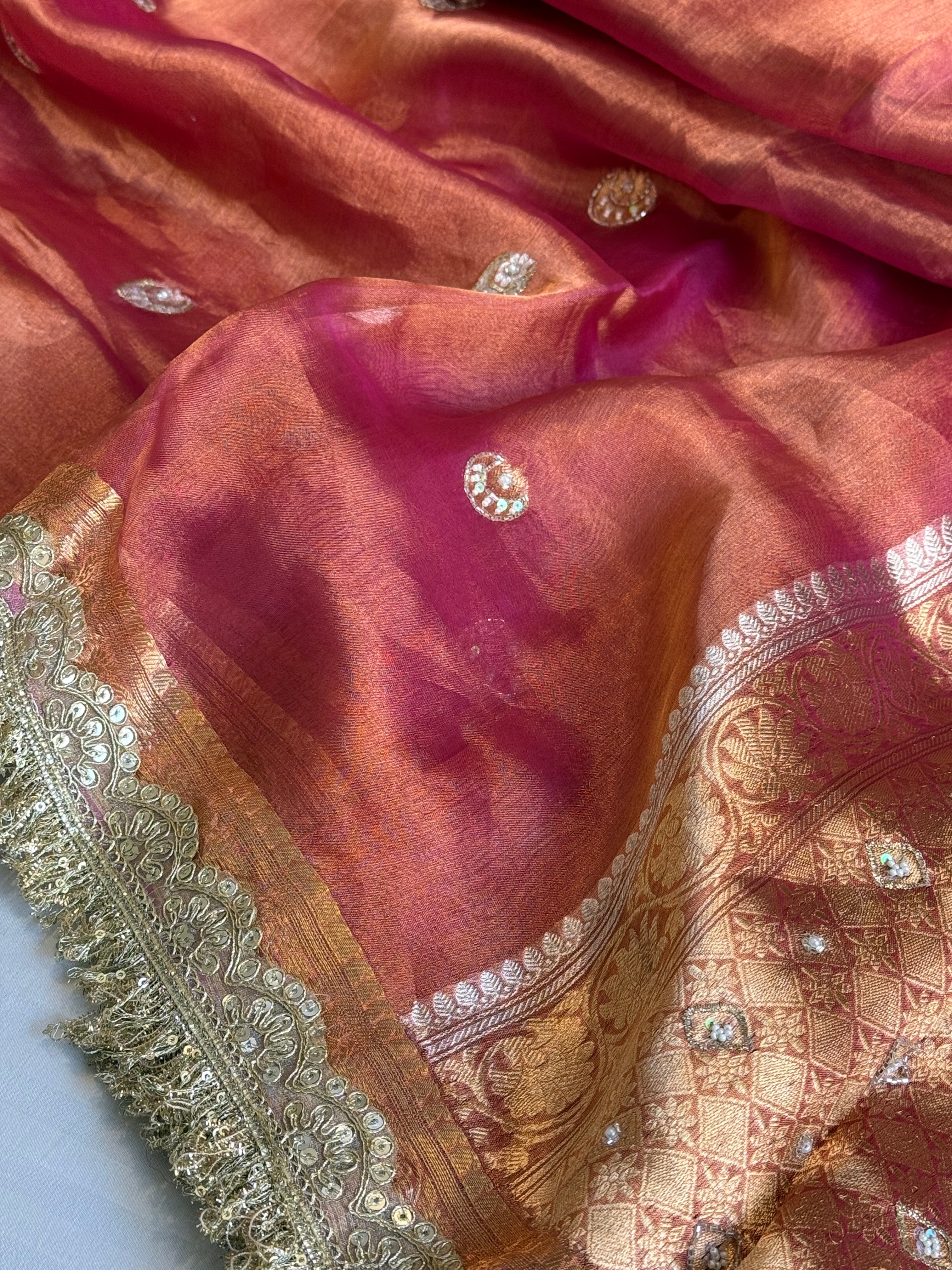 Chand tara rani pink dhup chao effect tissue silk hand embroidered saree