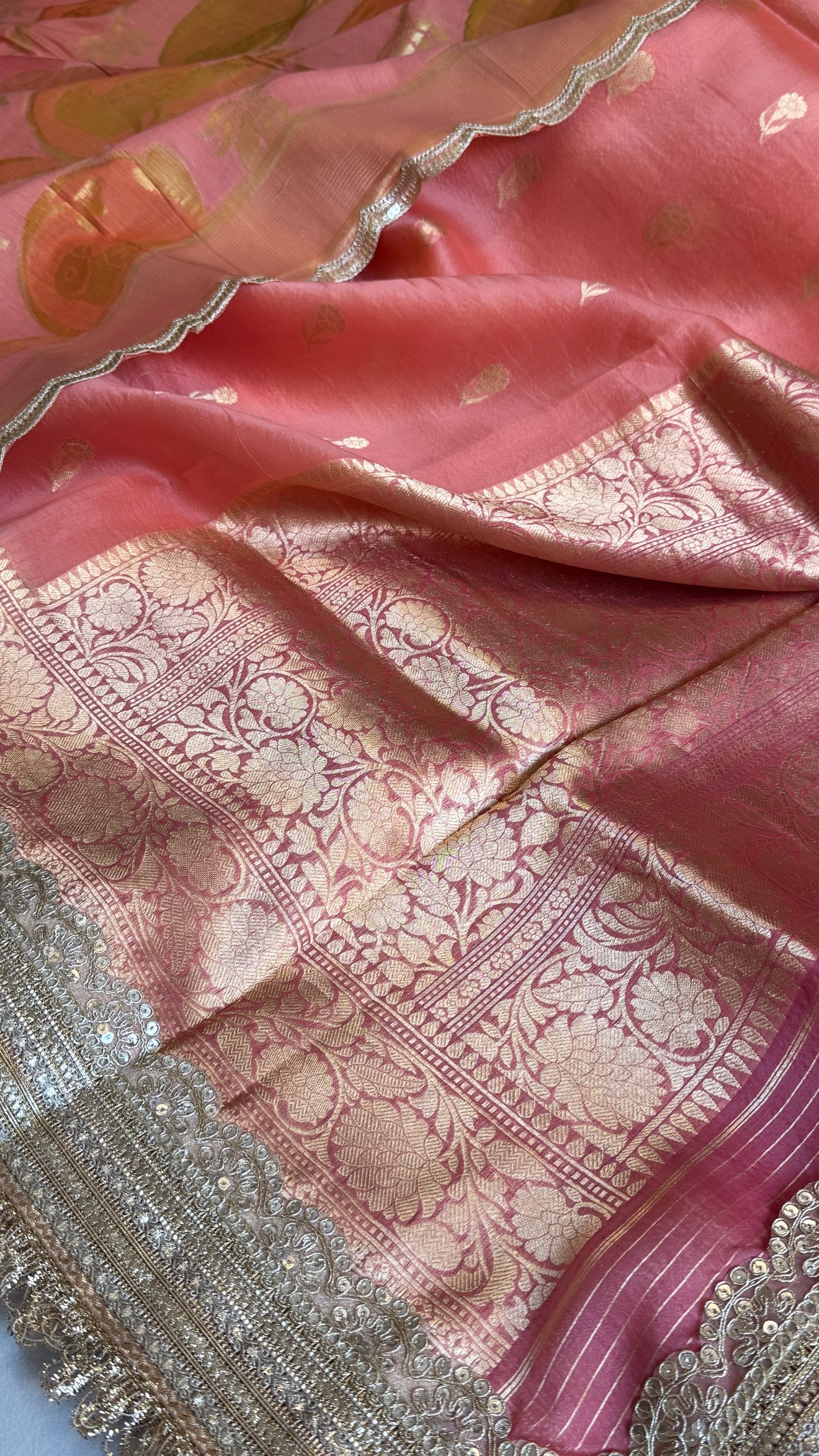 Kora silk chap dye contrast border kadhwa saree paired with moonga silk duppata