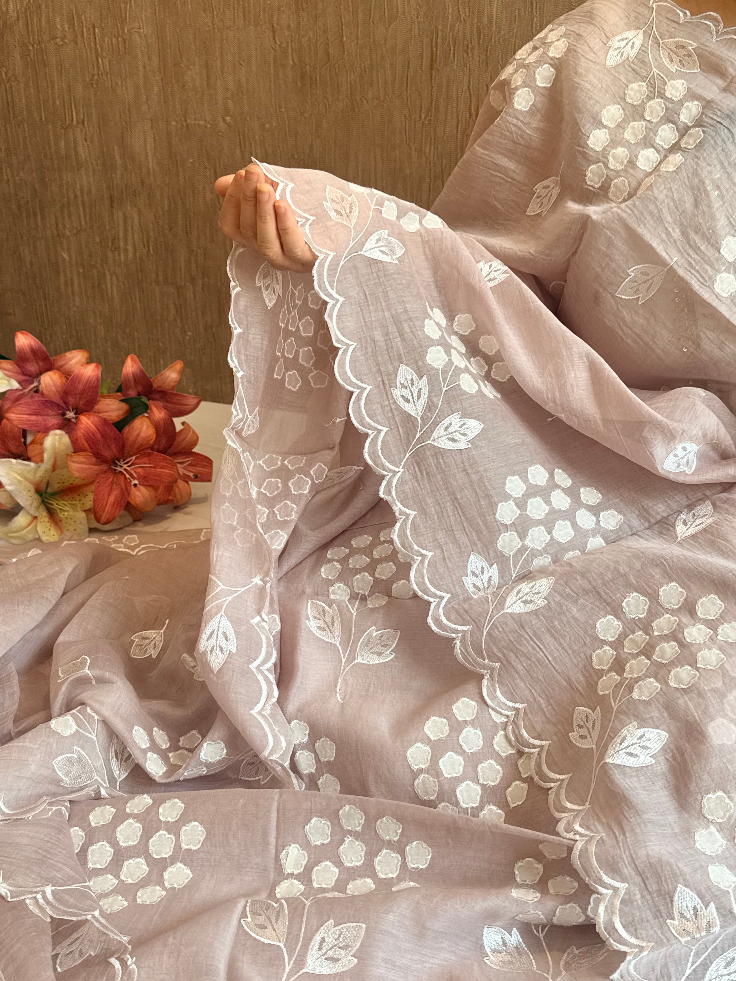 Alia bhatt inspired dusty lilac pink mulmul appliqué work suit set