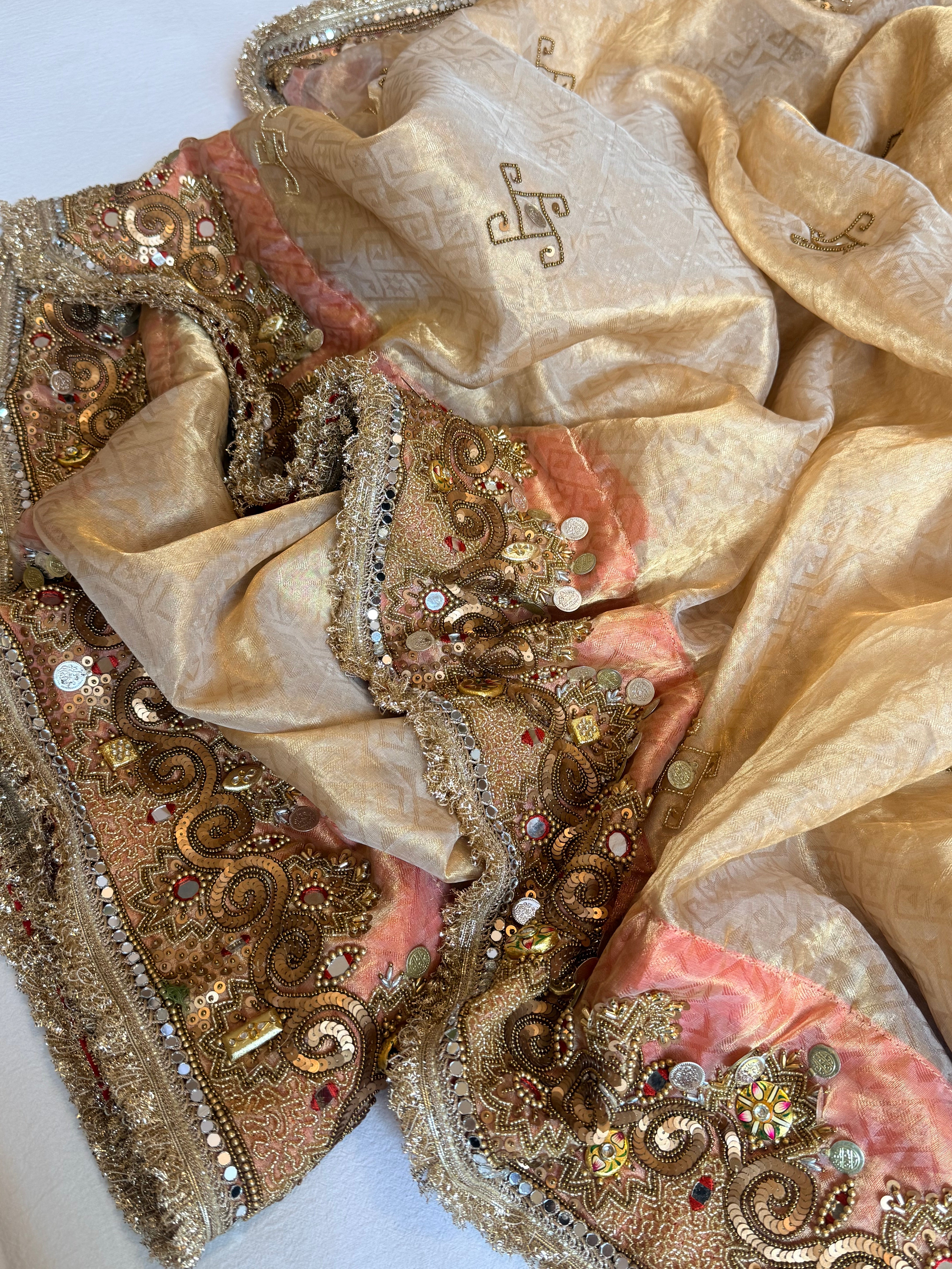 Jadauwork bridal tissue tanchoi hand embroidered jewellery work saree