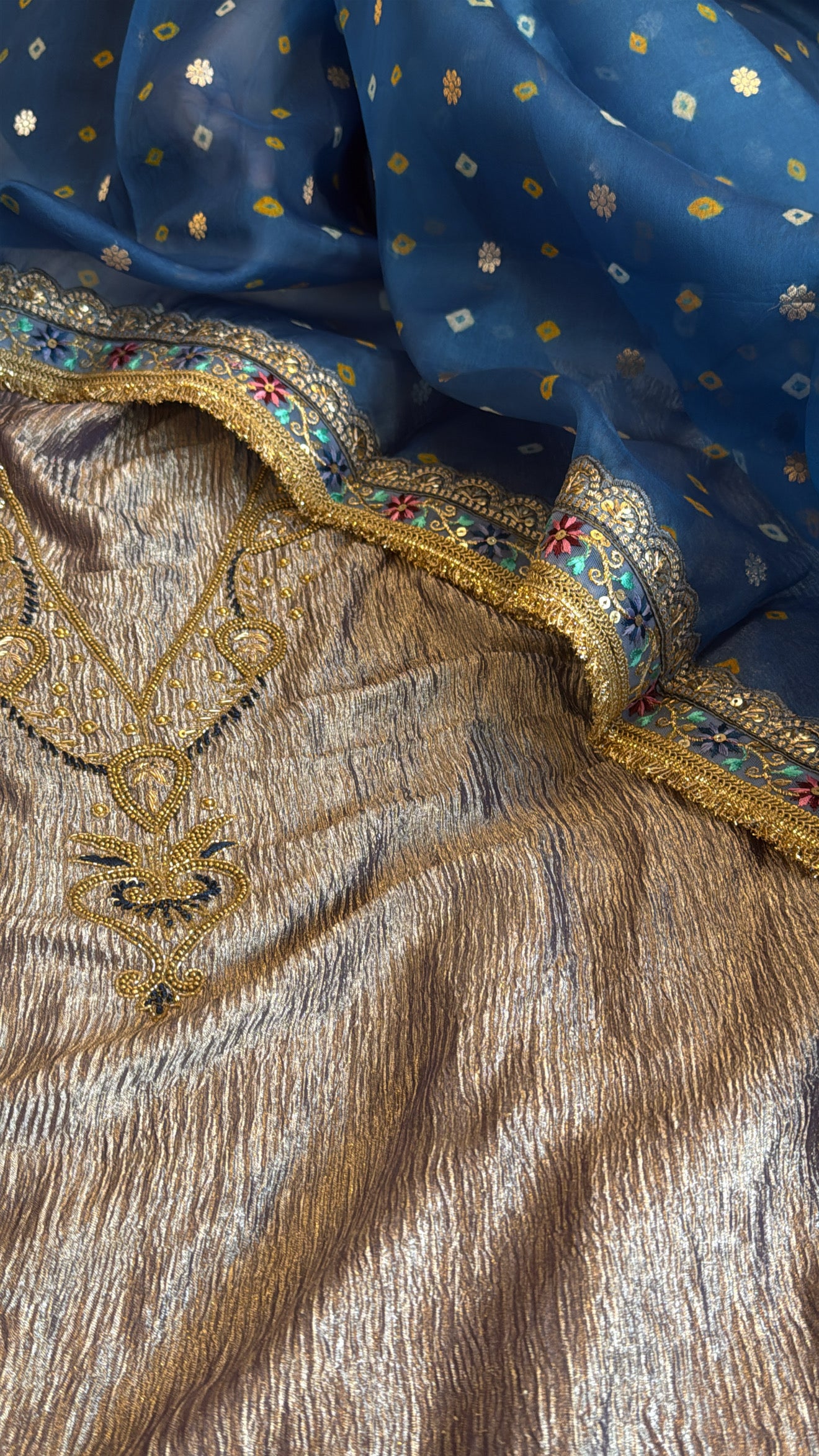 Persian blue crushed tissue silk hand embroidered kadhwa suit set
