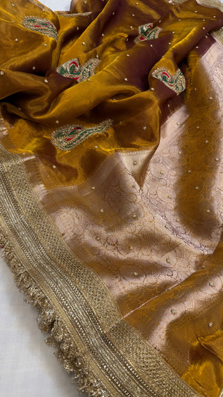 Baarat wali saree - Kanjivaram gold husn tissue silk peacock motif hand embroidered saree