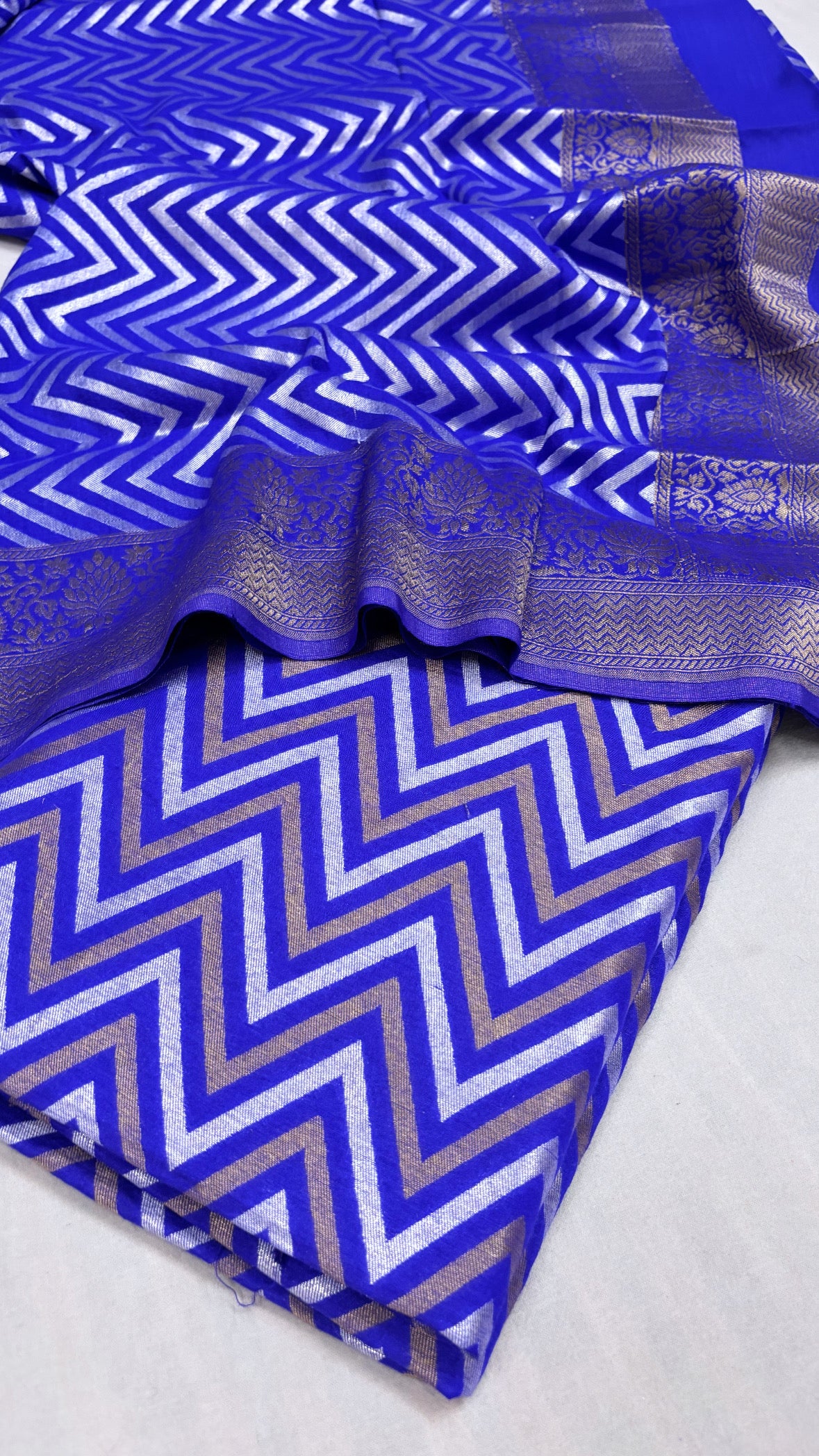 Ink blue chevron weaving moonga silk kadhwa suit set