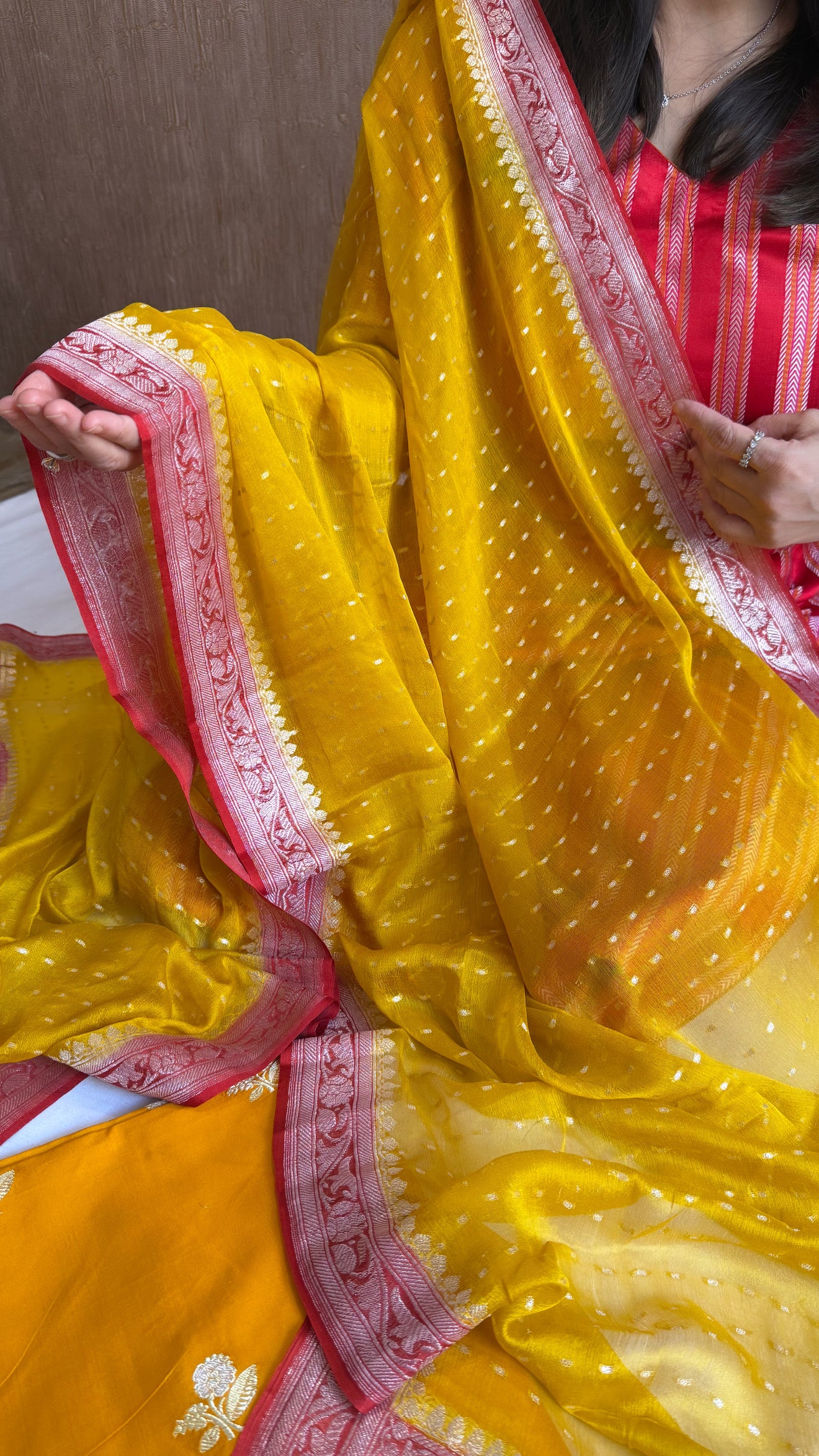 Haldi yellow-red katan kadhwa silk kurta paired with chiffon gorgette chap dye duppata set