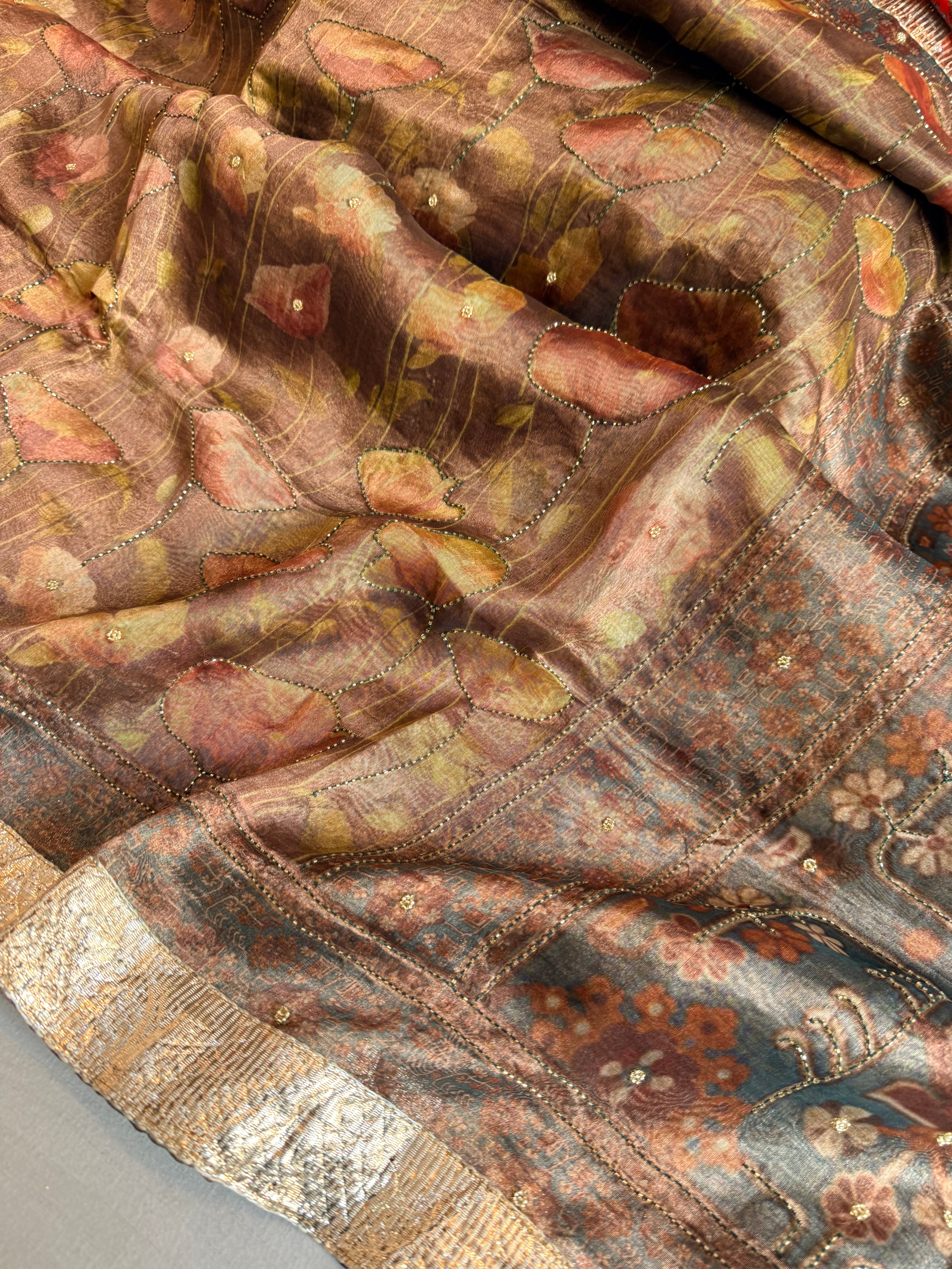 Printed tissue silk hand embroidered kadhwa gotapatti saree