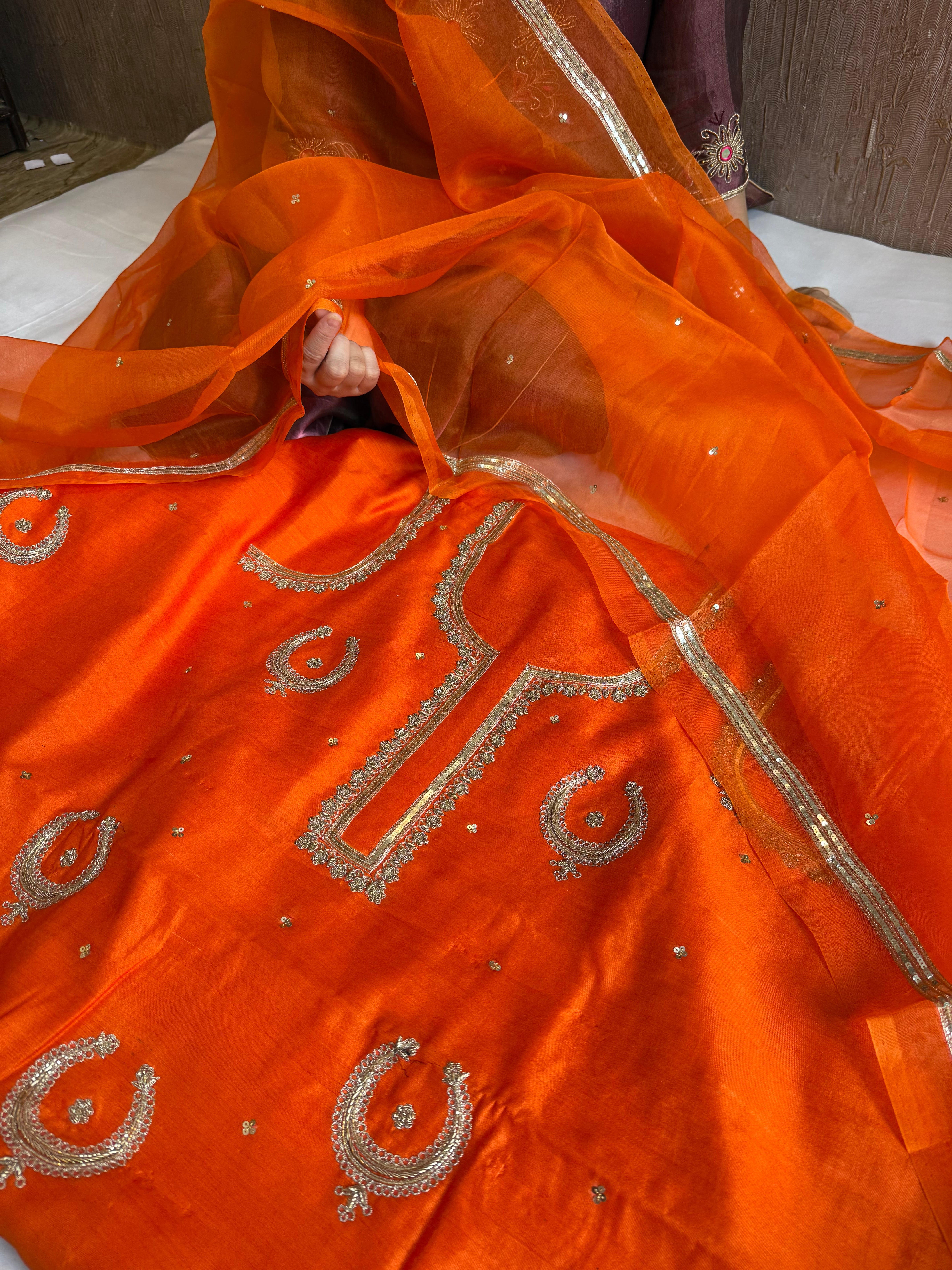 Fanta orange chand-buta chiniya silk kadhwa hand embroidered kurta paired with kora silk hand embroidered duppata set