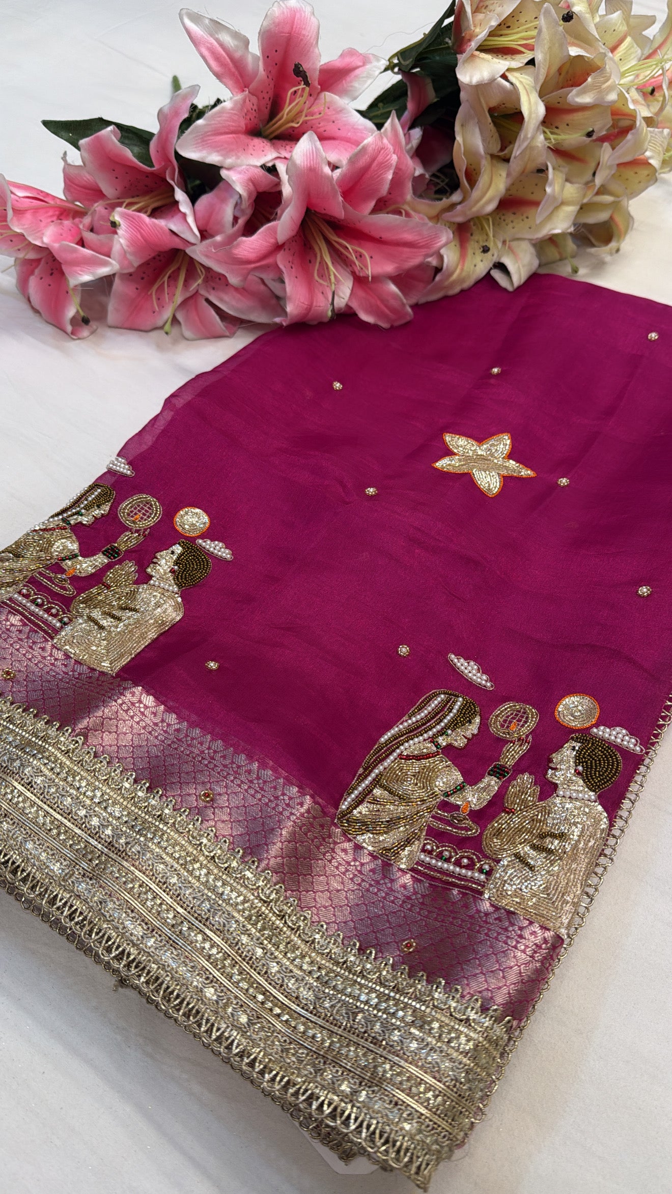 Hot pink husn tissue silk hand embroidered kadhwa saree