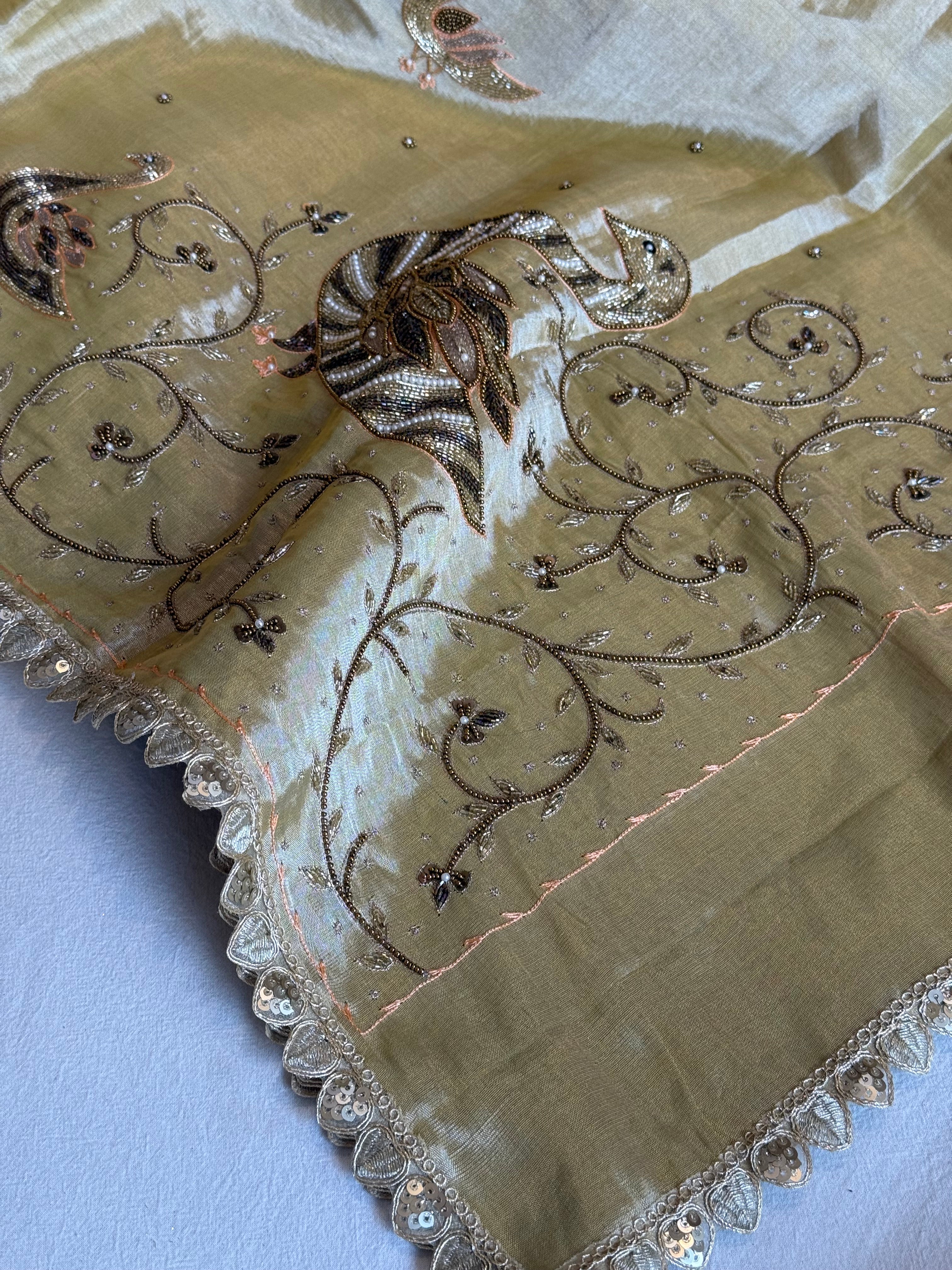 Satin tissue silk butter golden banarasi hand embroidered kadhwa saree
