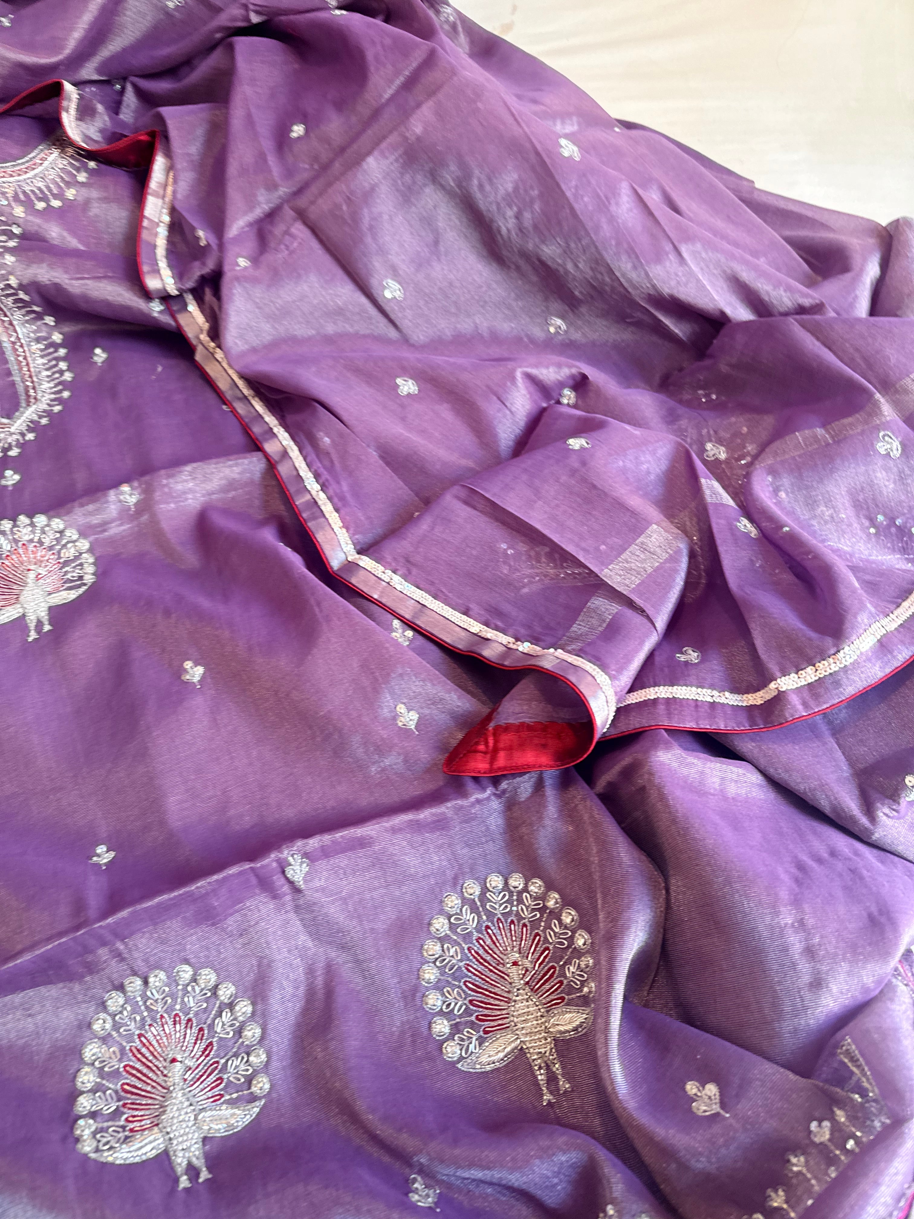 Deep lavender mul cotton tissue silk hand embroidered suit set