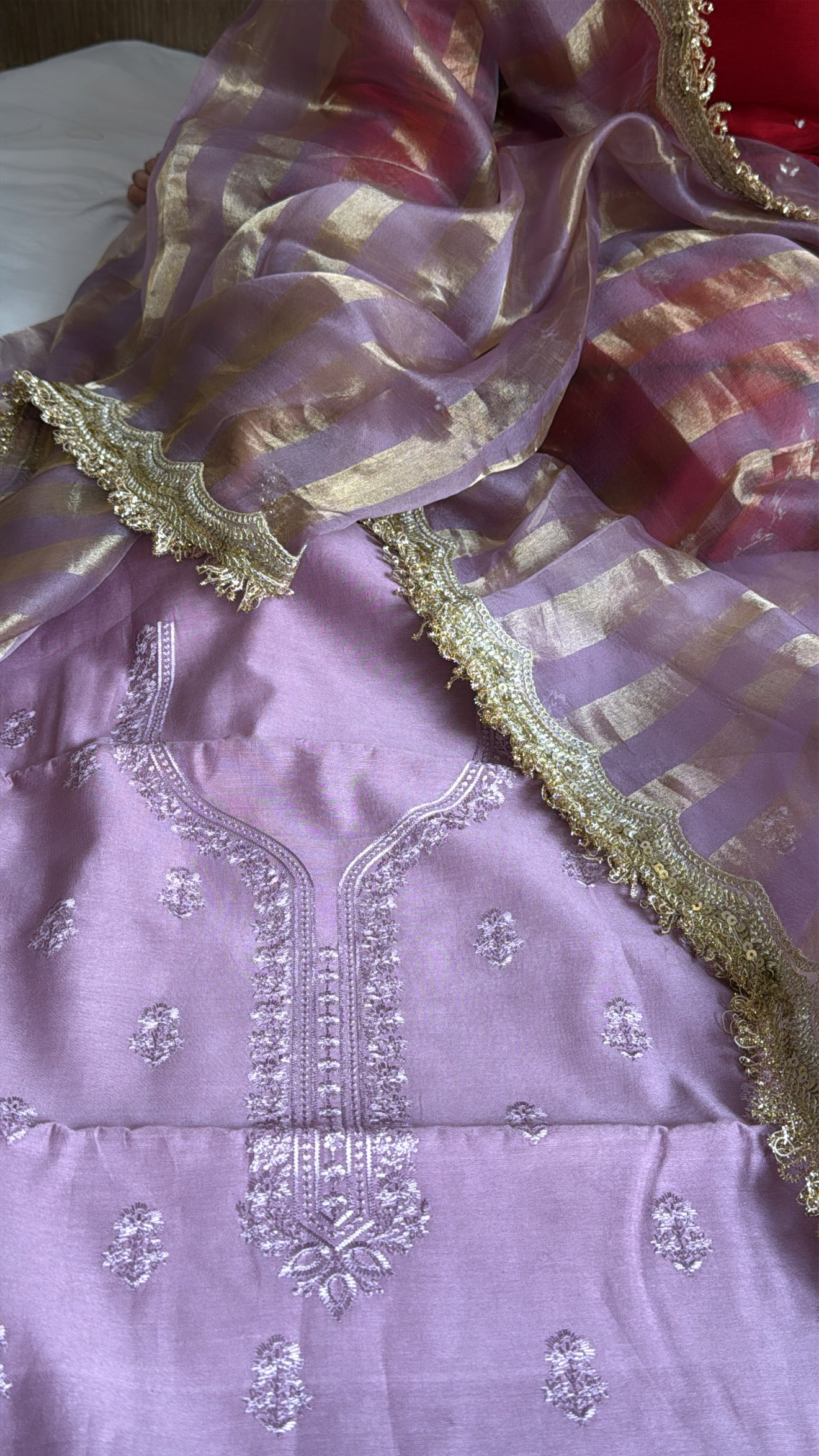 Banarasi cotton silk hand embroidered kurta paired with kora tissue striped duppata set