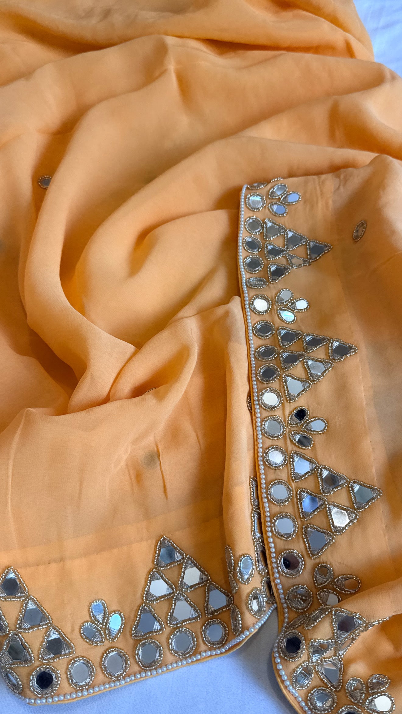 Mother’s Day offer - Candy peach chiffon gorgette mirrorwork hand embroidered sarees