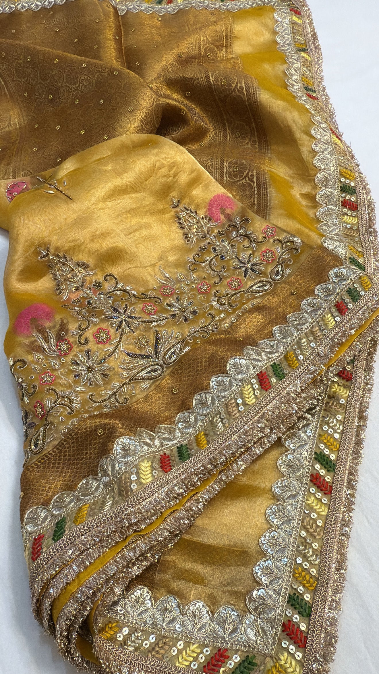Maharani antique golden yellow zari tissue silk hand embroidered kadhwa saree