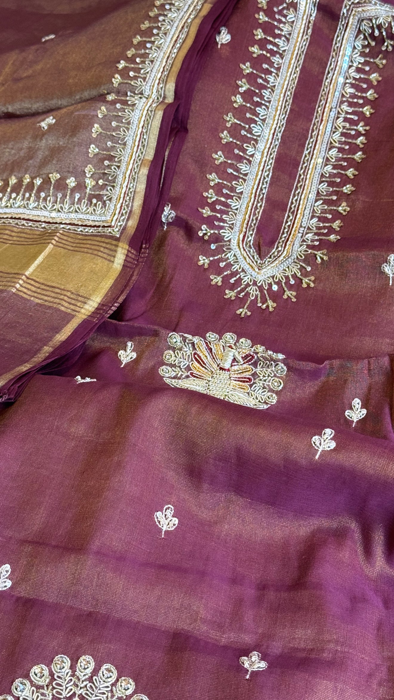 Grapewine purple mul cotton tissue silk hand embroidered kadhwa suit sets