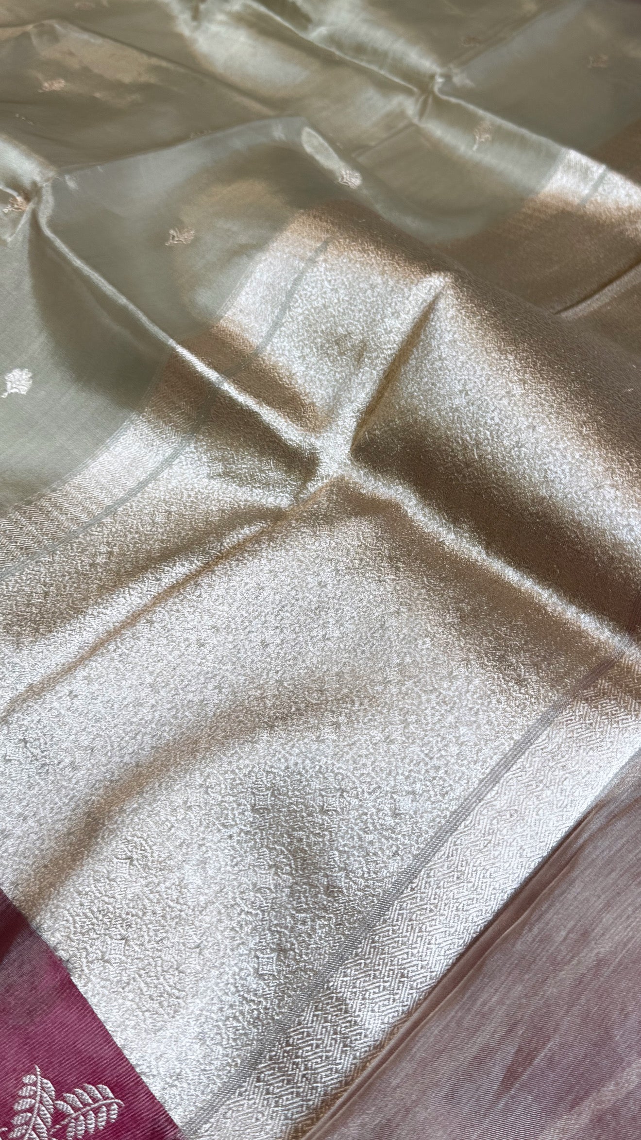 Katan tissue silver zari kadhwa buti saree with contrast border and blouse piece