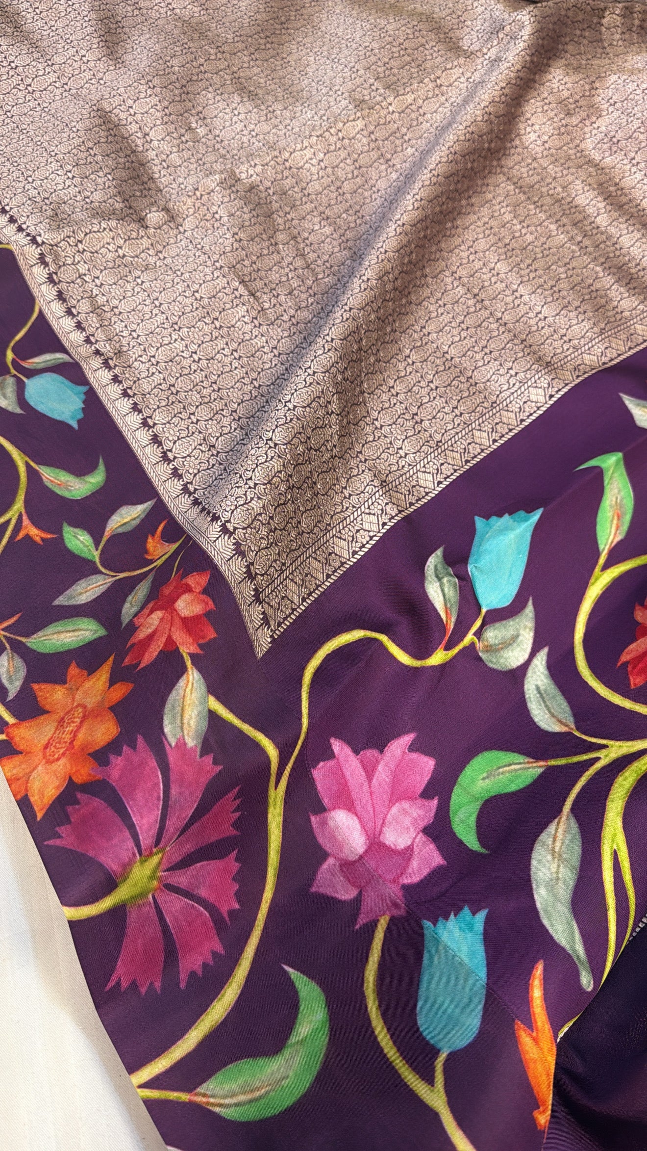 Wine banarasi brocade silk floral satin border kadhwa weaving saree