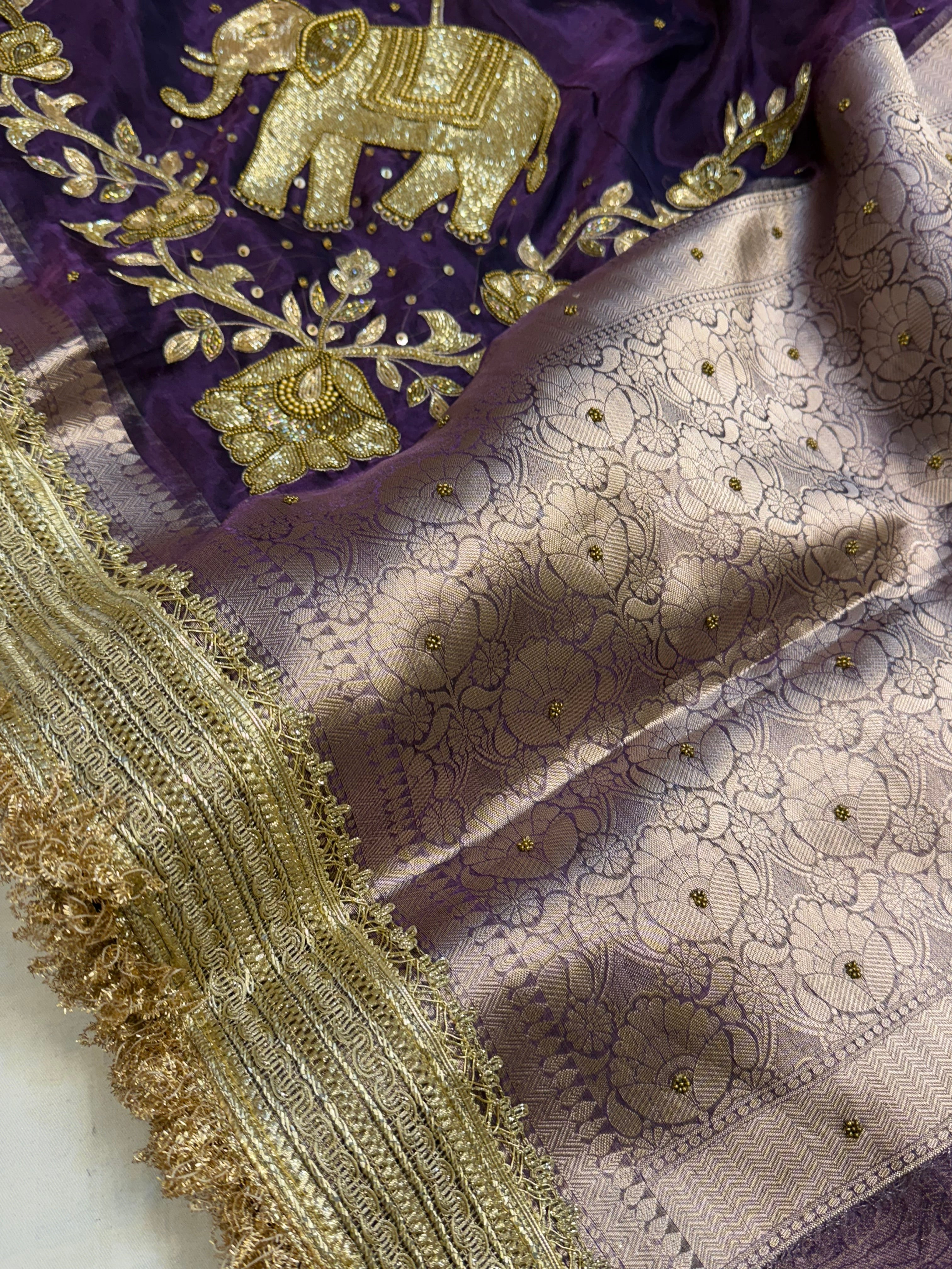 Dulhan ki maa wali sarees - Midnight purple elephant motif hand embroidered saree