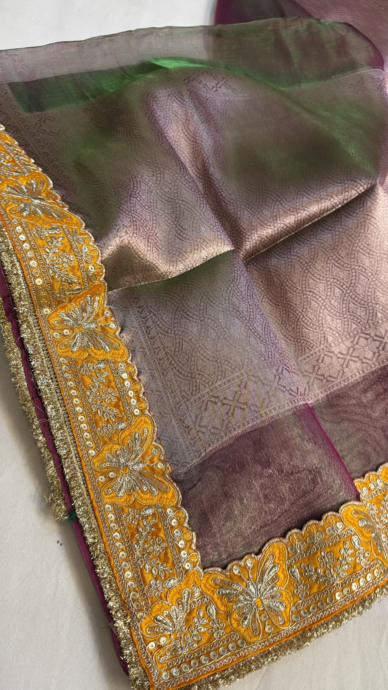 Mehendi green-pink dhup chao effect tissue silk kadhwa saree