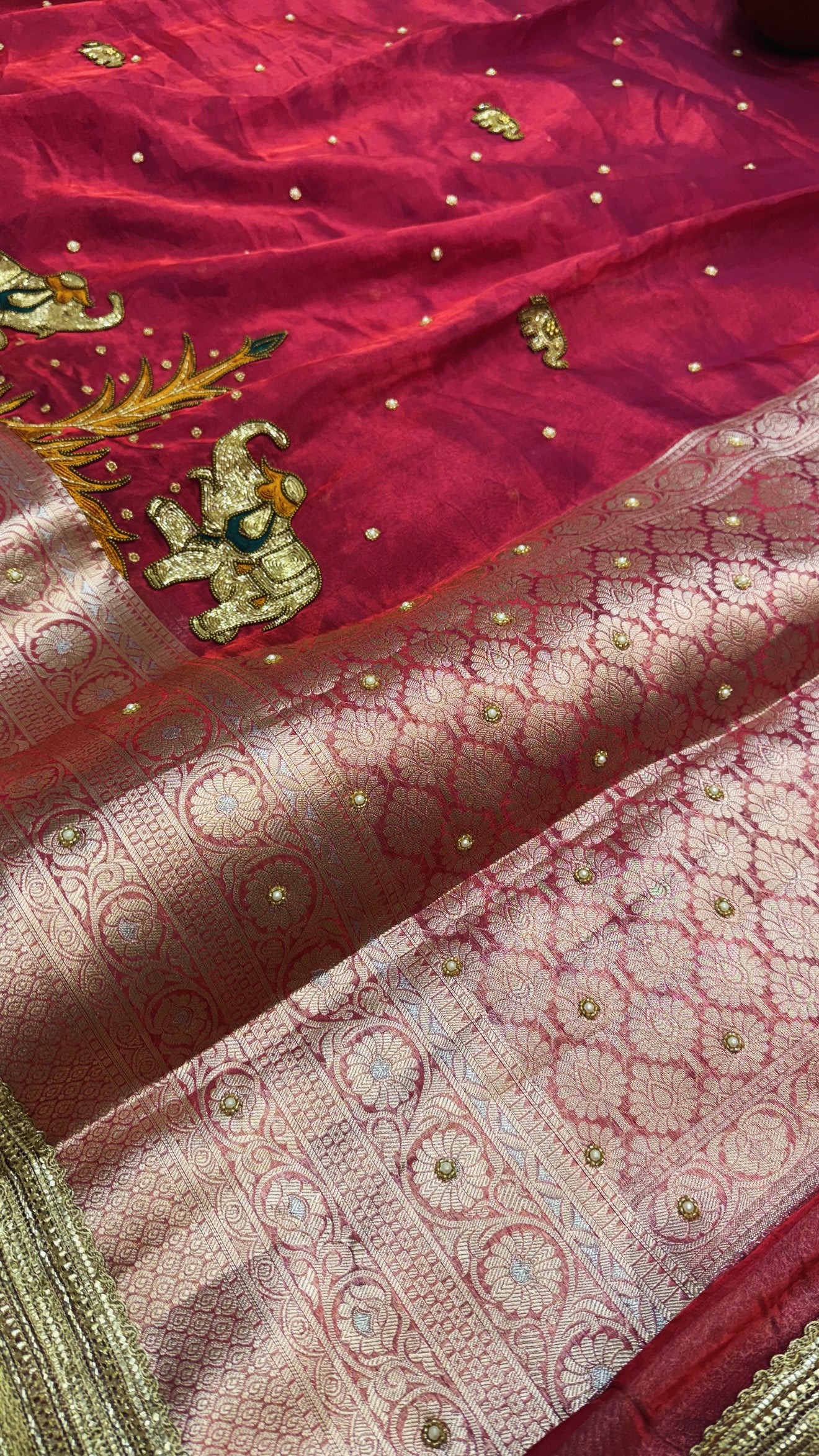 Karwachauth special - Cranberry pinkish red tissue silk elephant motif hand embroidered saree