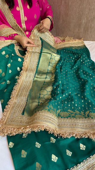 Pakistani drama inspired bottle green semi-stitched banarasi gorgette kadhwa gotapatti suit set