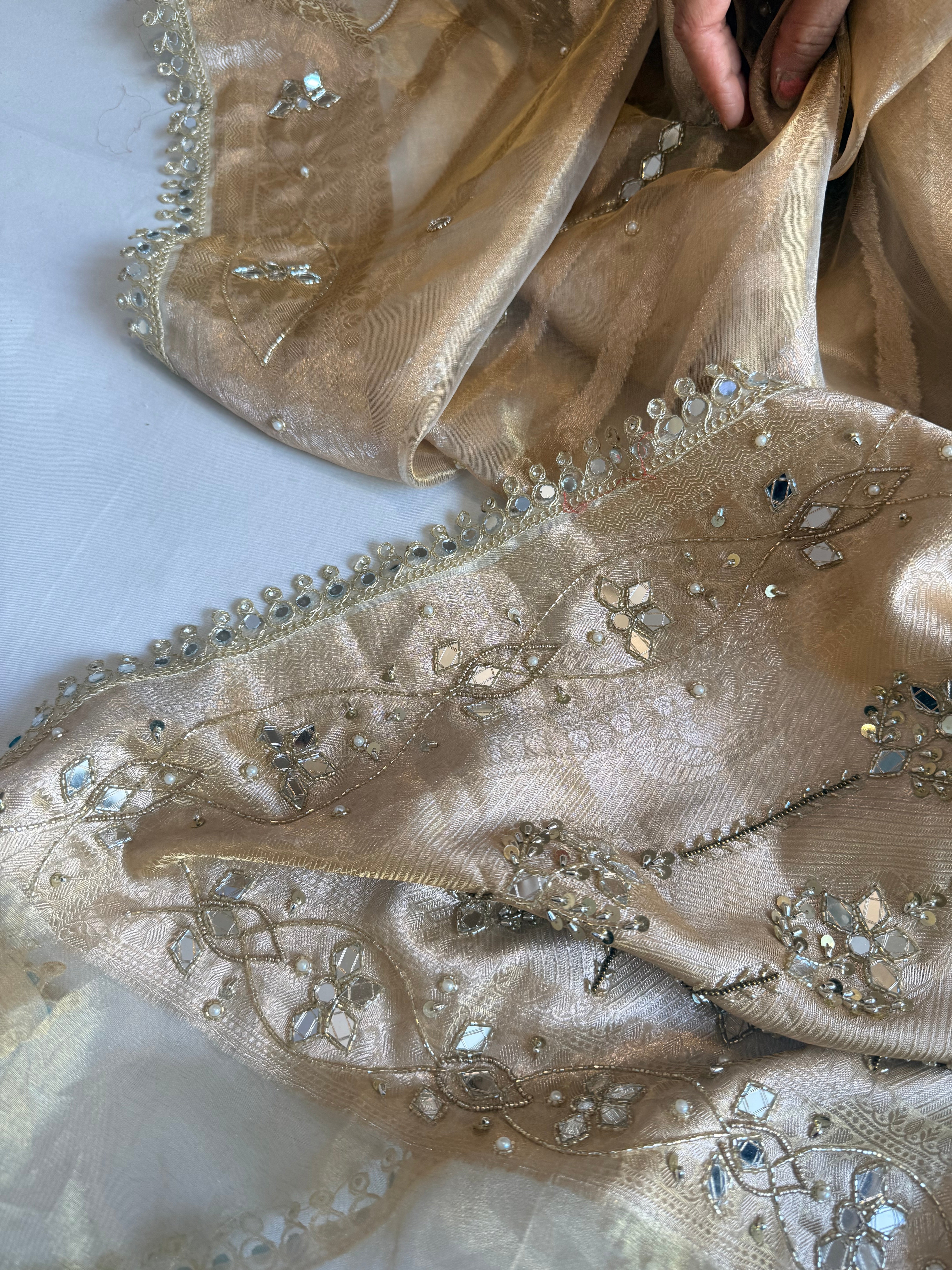 Butter gold tissue silk mirror work hand embroidered kadhwa saree