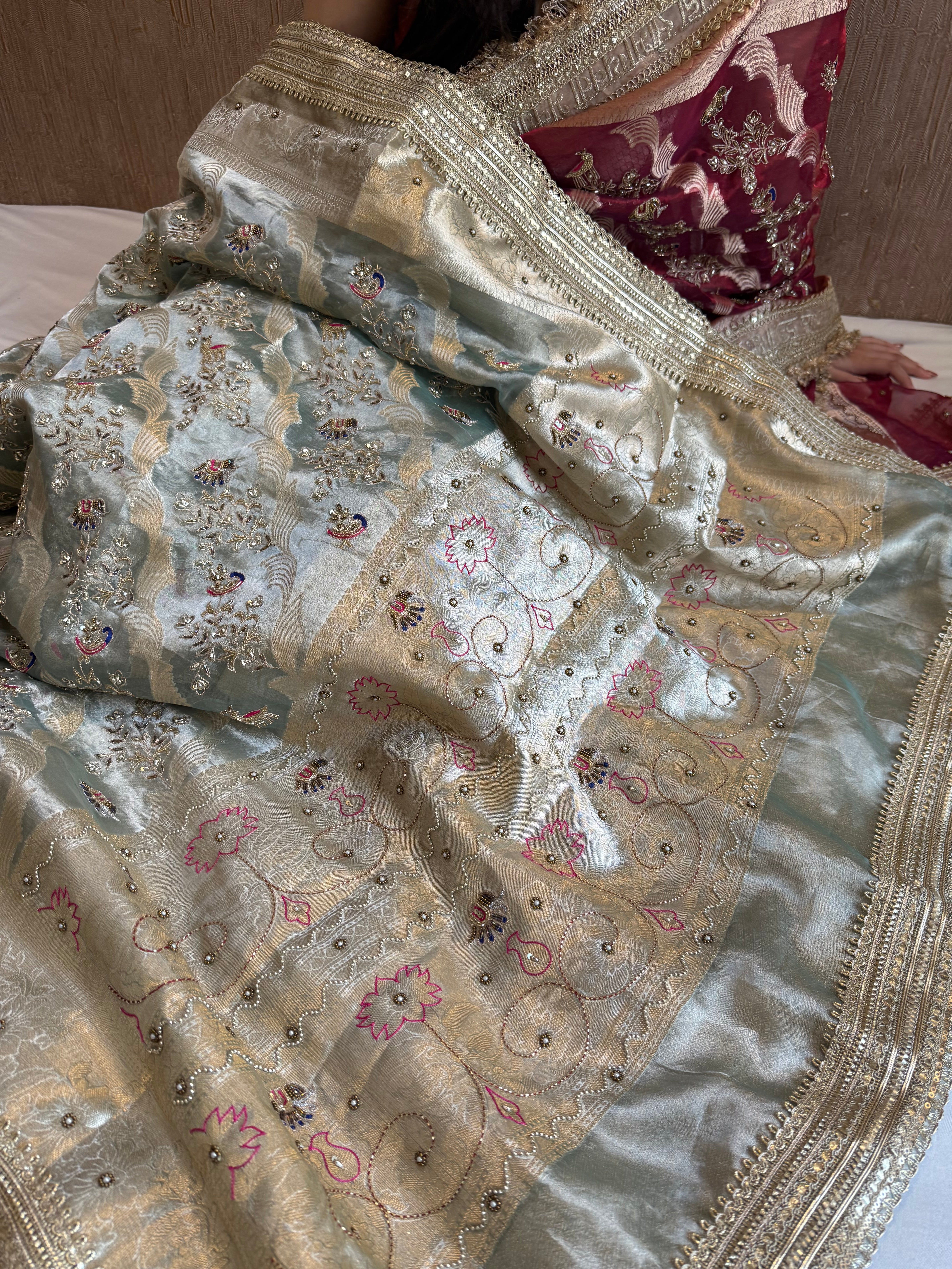 Nayi suhagan edit - Ice water blue tissue silk zardozi and marodi work hand embroidered jaal work saree