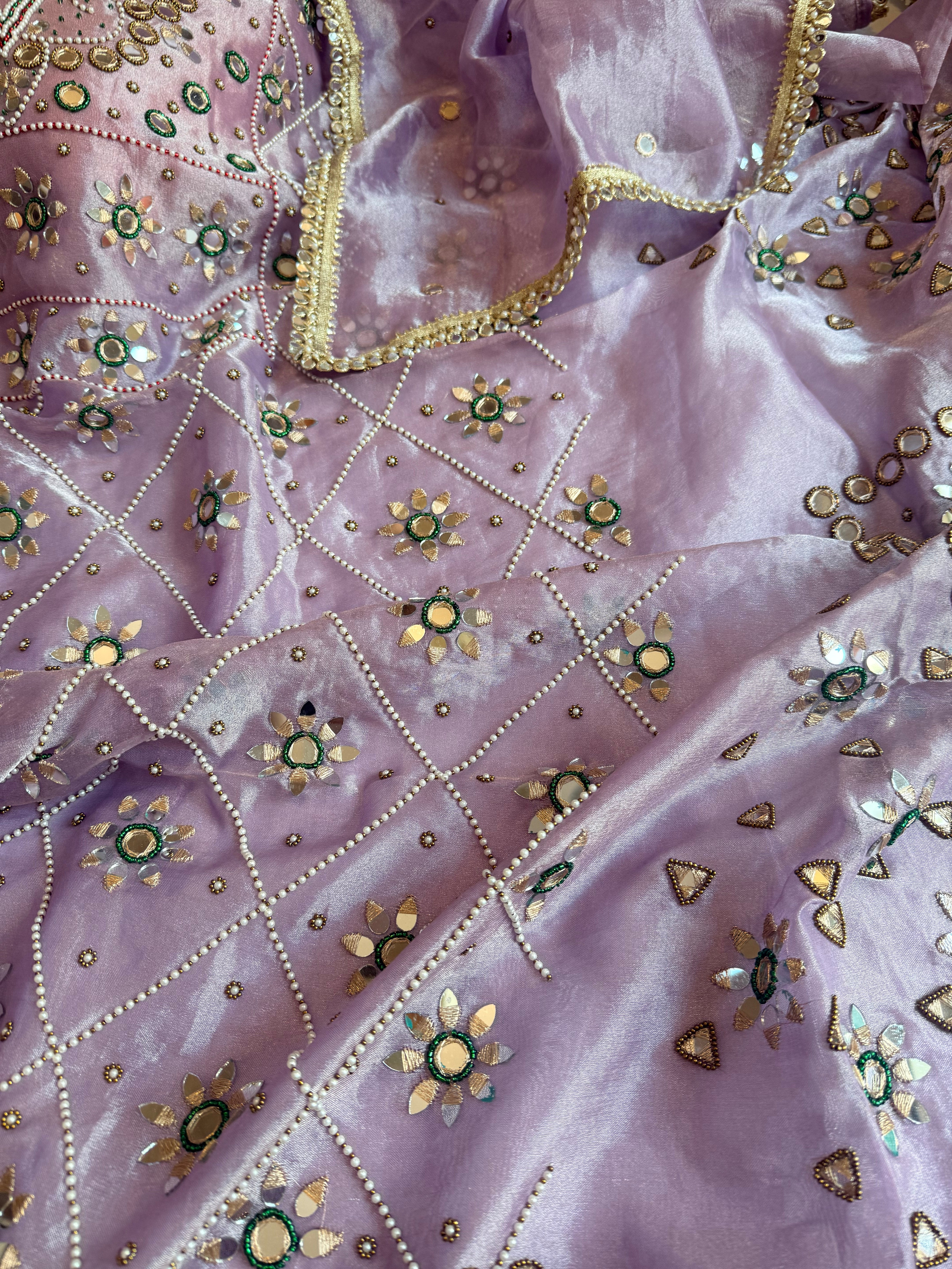 Sheeshmahal suit - Misty lilac tissue silk mirror work hand embroidered suit sets