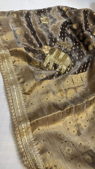 Varmala wali saree - Cola shade elephant motif heavy hand embroidered tissue silk saree