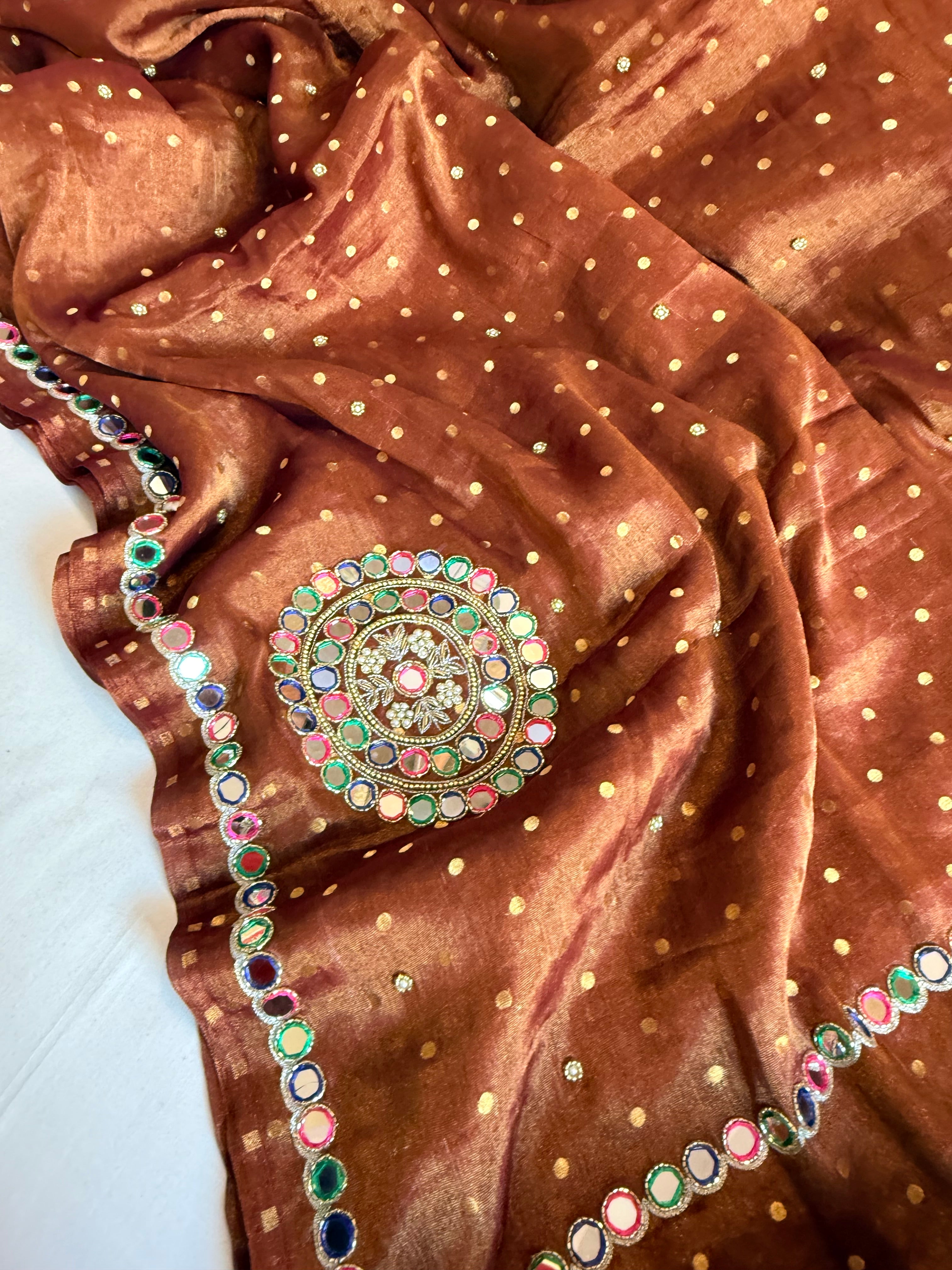Coffee brown tissue gorgette meenakari mirror work kadhwa banarasi saree
