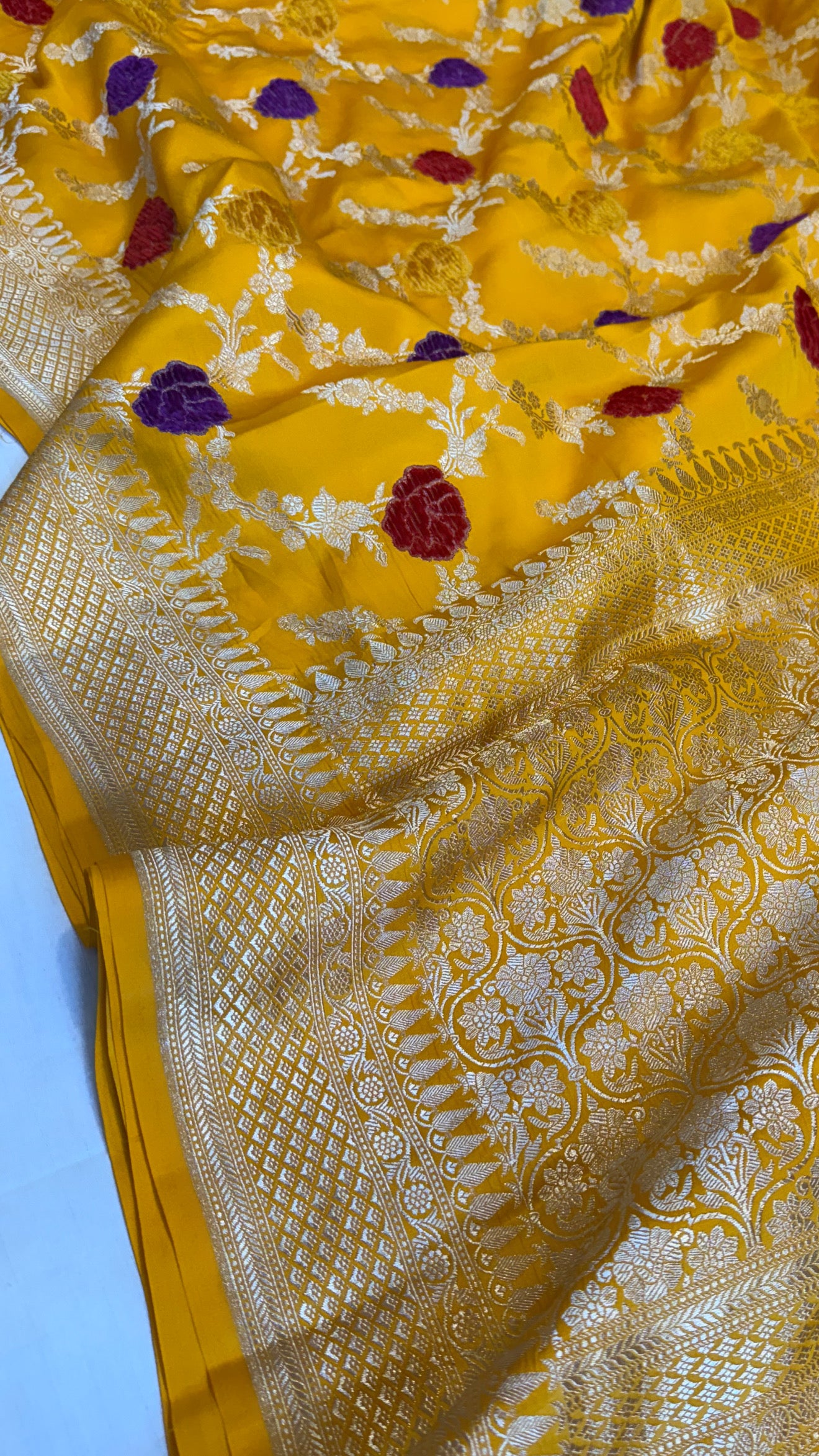 Haldi yellow banarasi mashru silk velvet buti kadhwa weaving saree