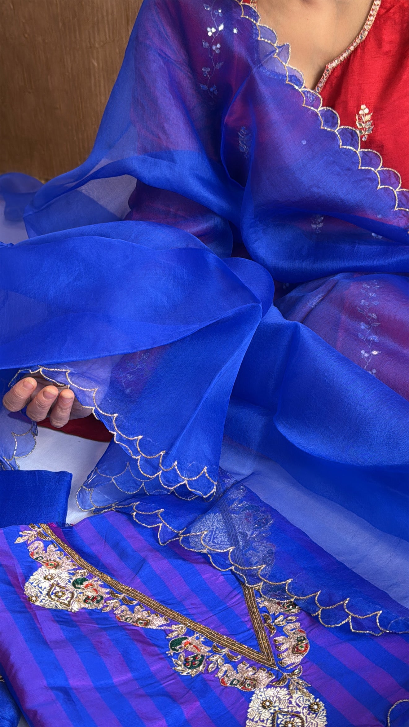 Electric blue-purple dhup chao effect katan silk striped kurta paired with kora silk scalloped duppata set