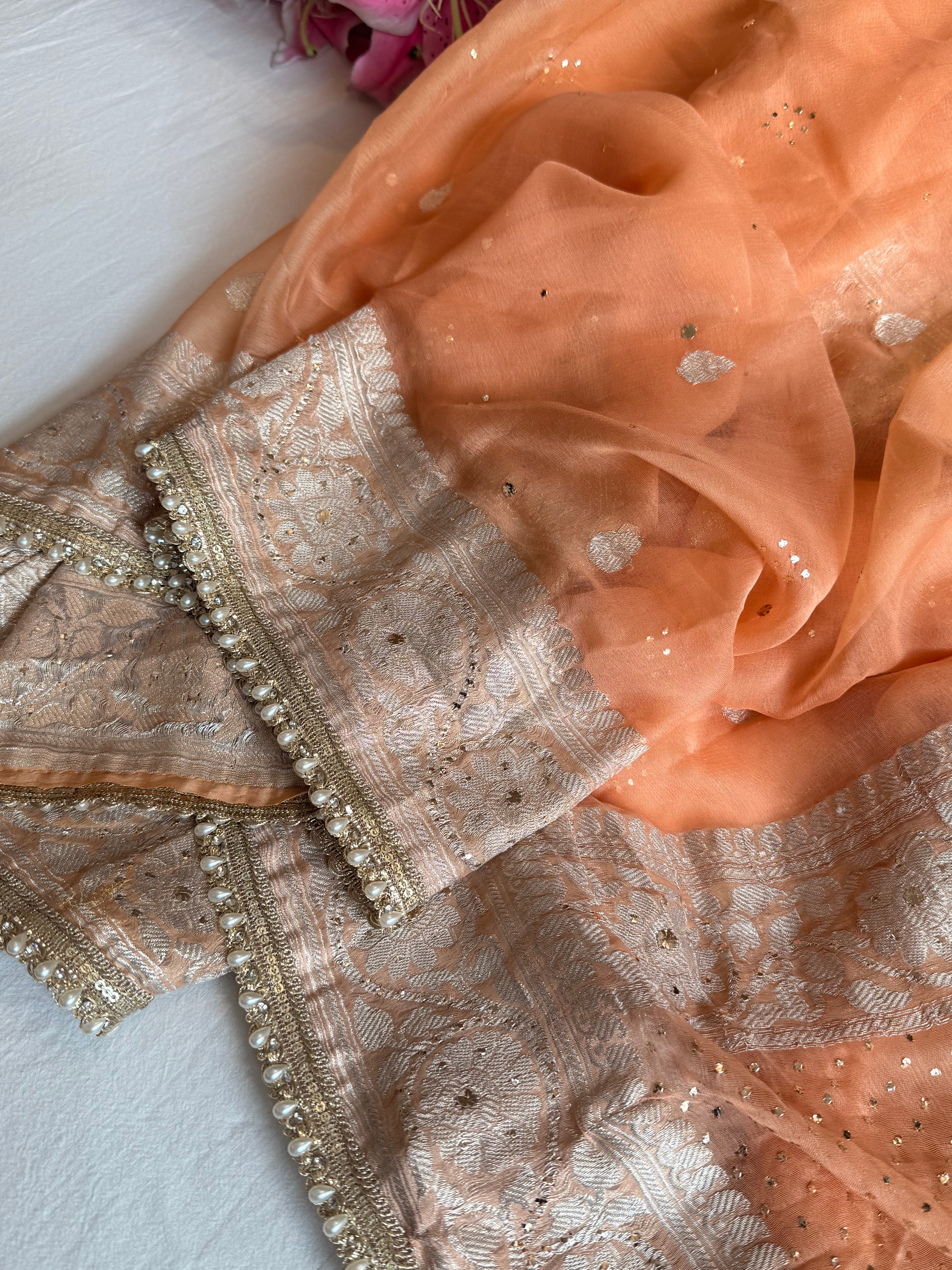 Chiffon gorgette banarasi peach mukaish work hand embroidered saree