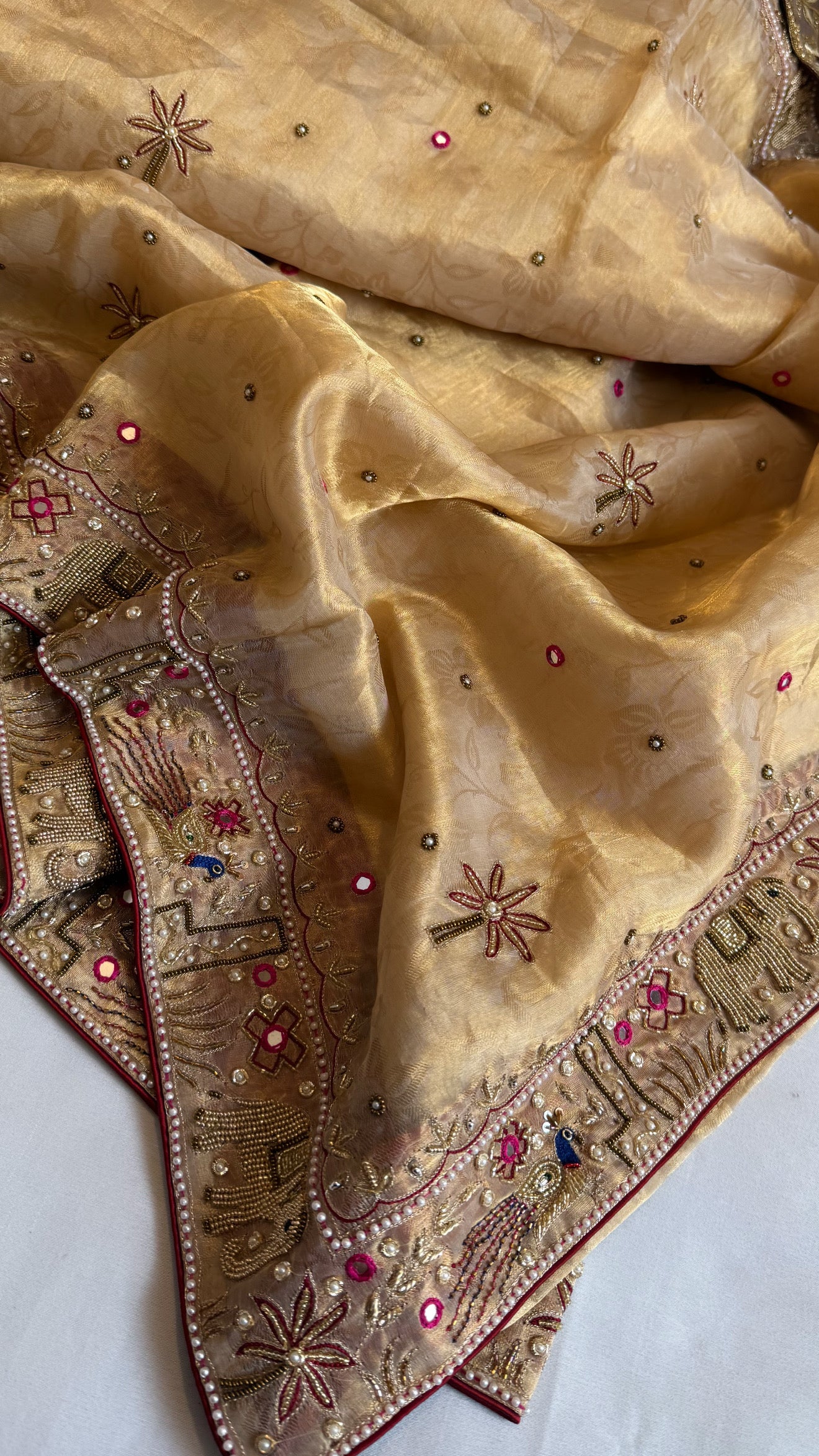Sheeshmahal shikargah edit - Golden tissue silk hand embroidered elephant motif border kadhwa saree
