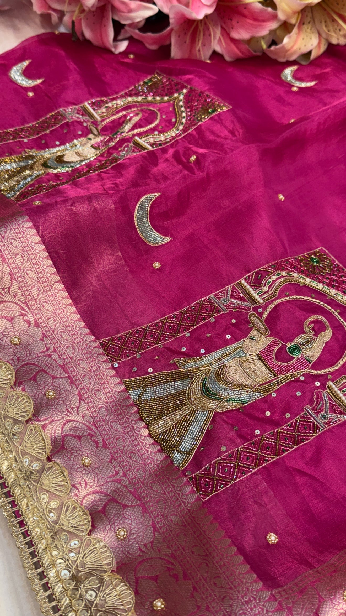 Karwachauth special - Hot metallic pink tissue silk hand embroidered meenakari saree