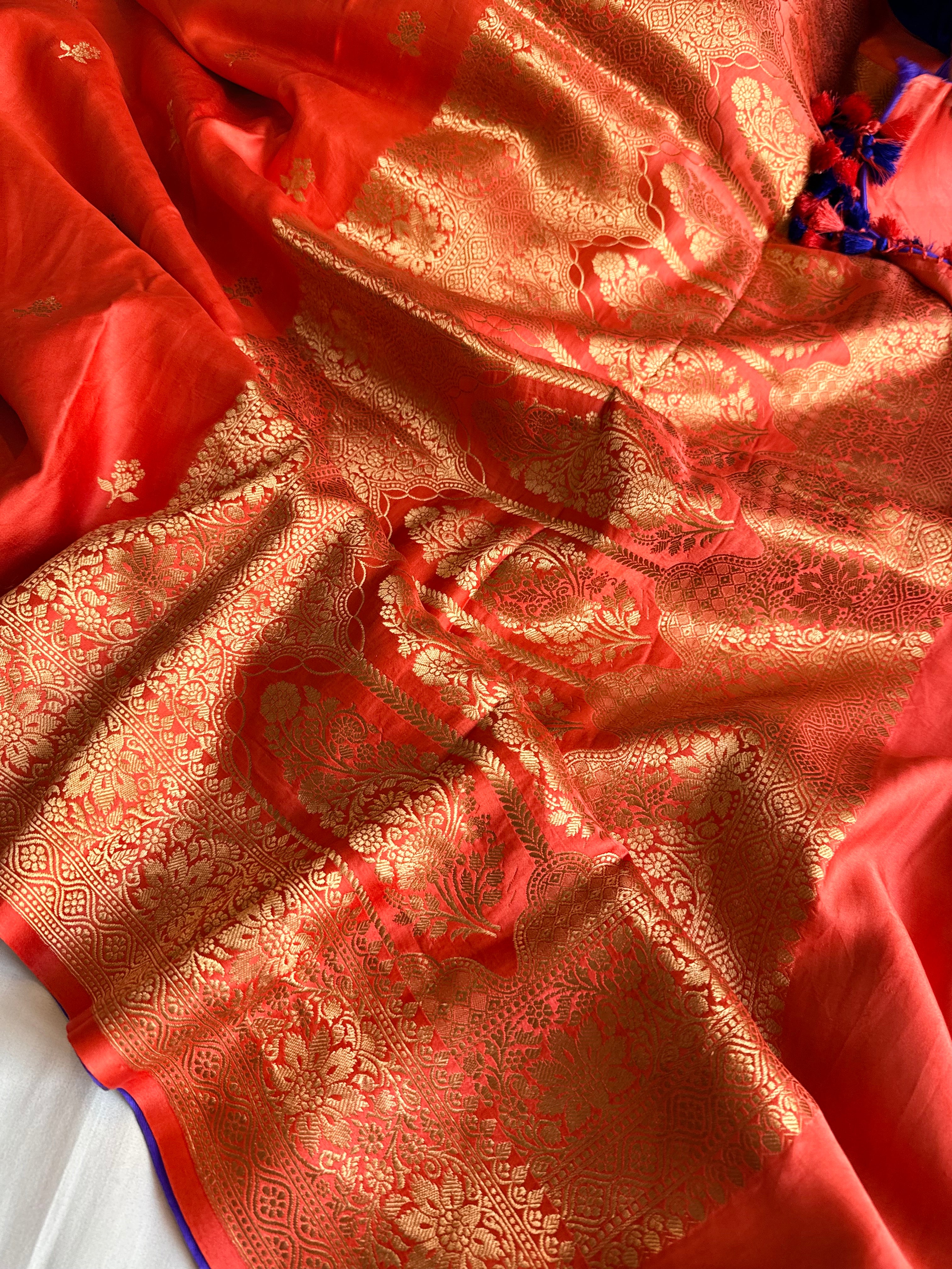 Tomato red banarasi mashru silk kadhwa buti saree