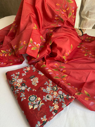 Blood red mul cotton kadhwa resham meenakari weaving suit set