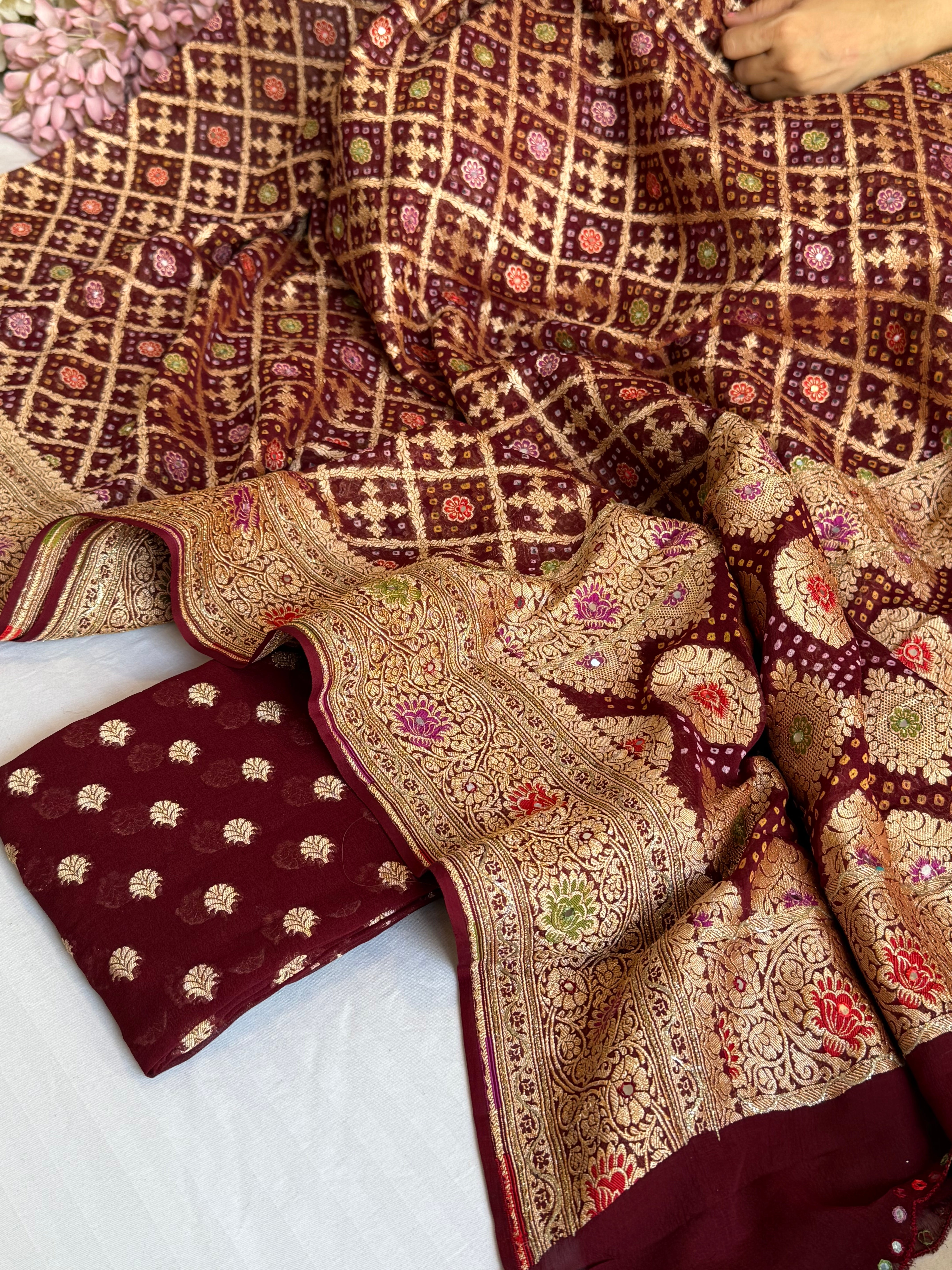 Mirror and dori work deep bergundy banarasi bandhej gorgette kadhwa suit sets