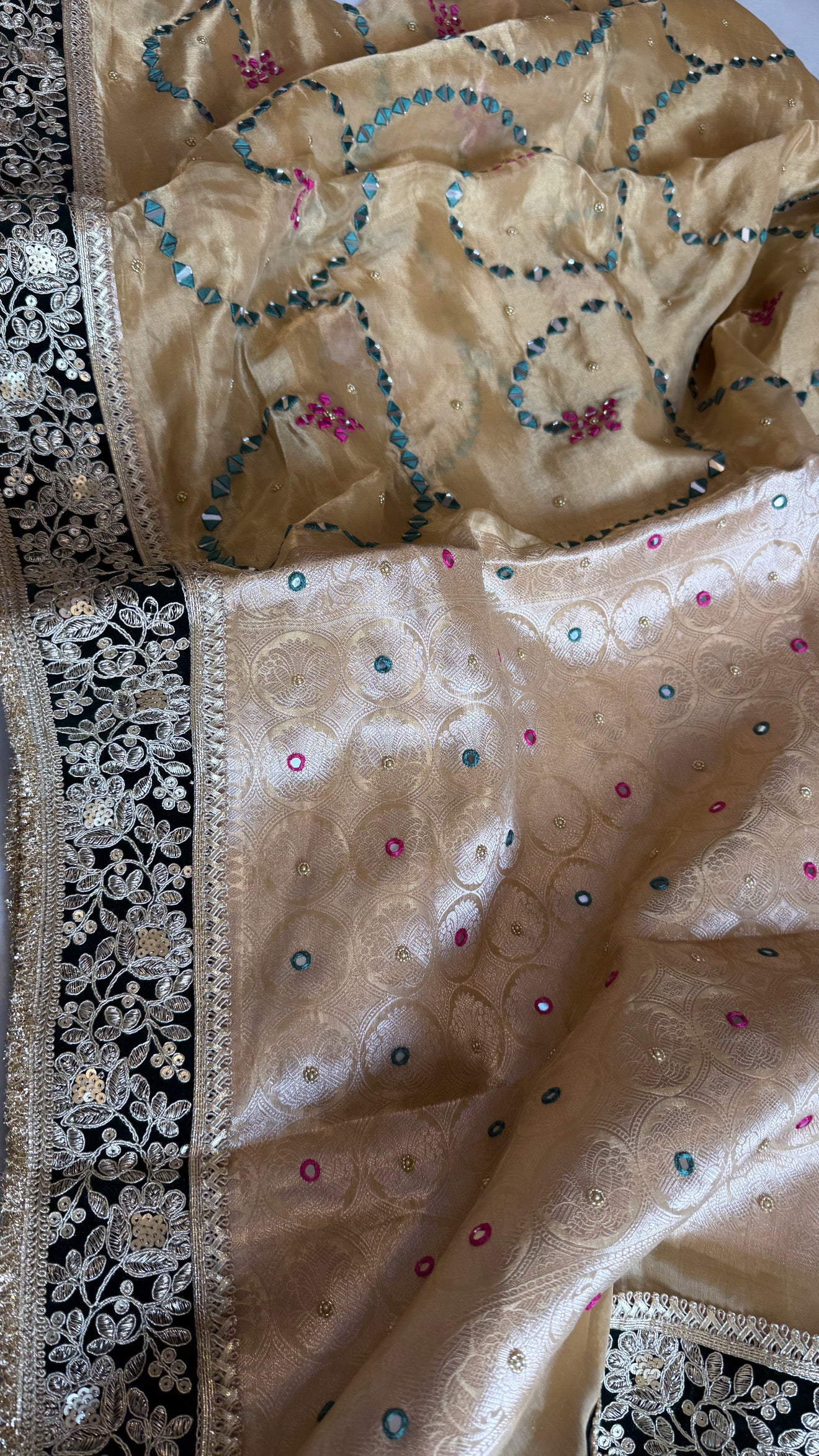 Sheesham edit - Heavy mirror work double tissue silk hand embroidered saree
