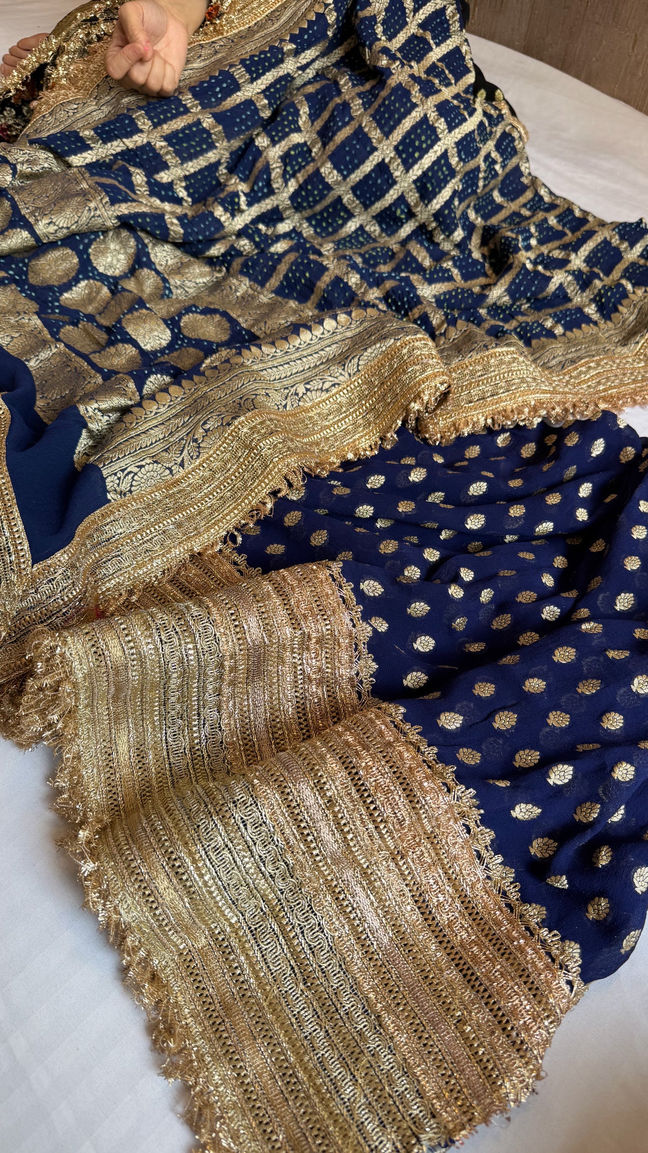 Navy blue banarasi rai bandhej gorgette gotapatti suit set