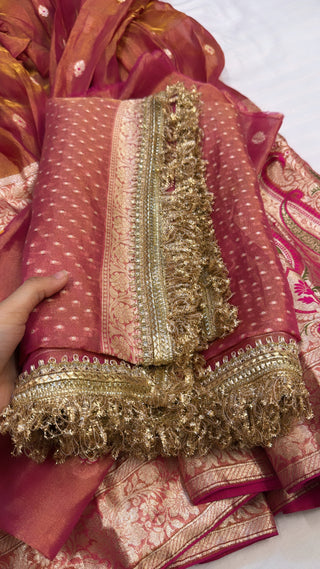 “Kali wala lehenga” — Rani pink semi stitched pure banarasi tissue silk lehenga set