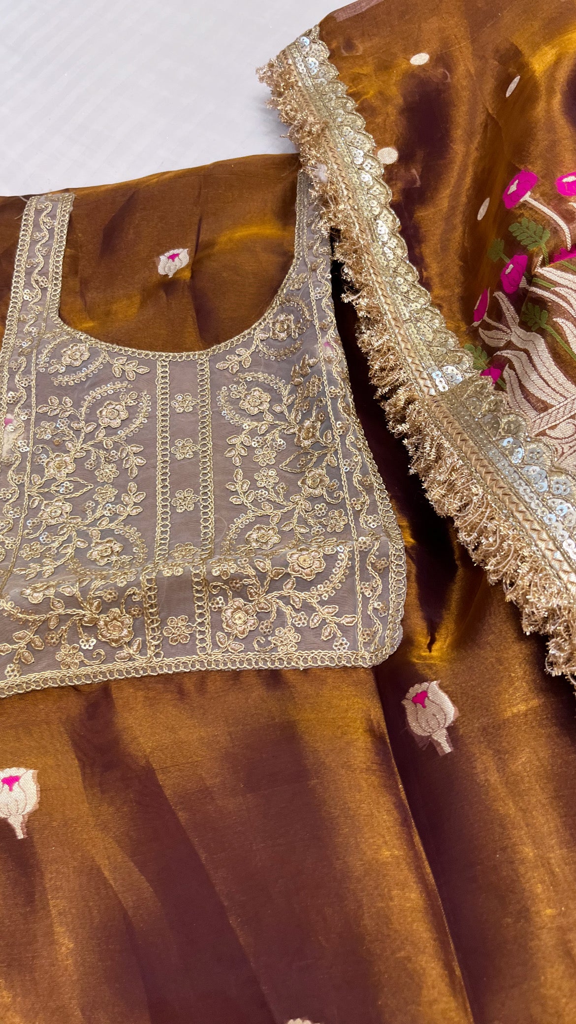 Heeramandi molten gold tissue silk meenakari suit set