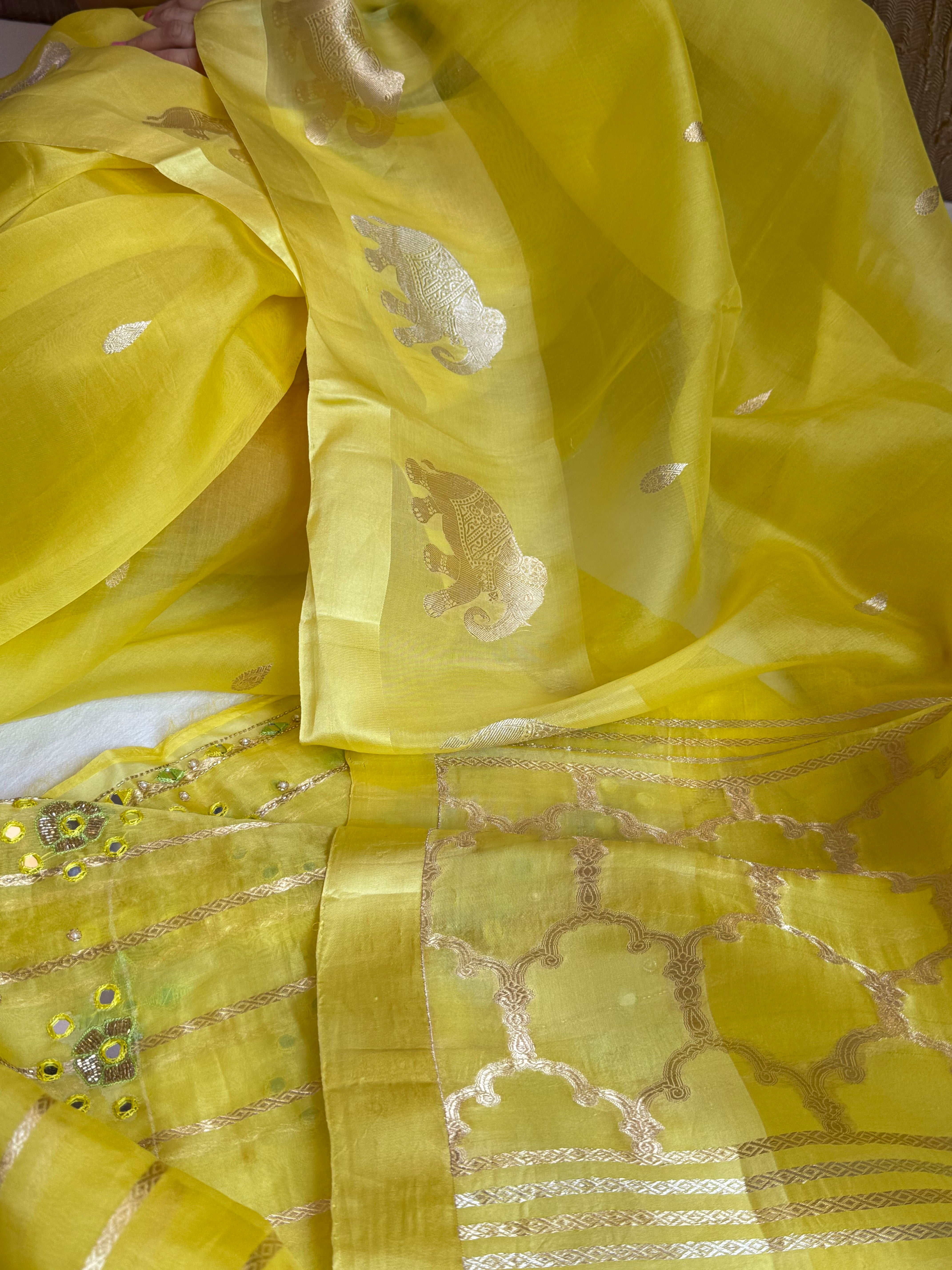 Lemon yellow banarasi kora silk hand embroidered saree