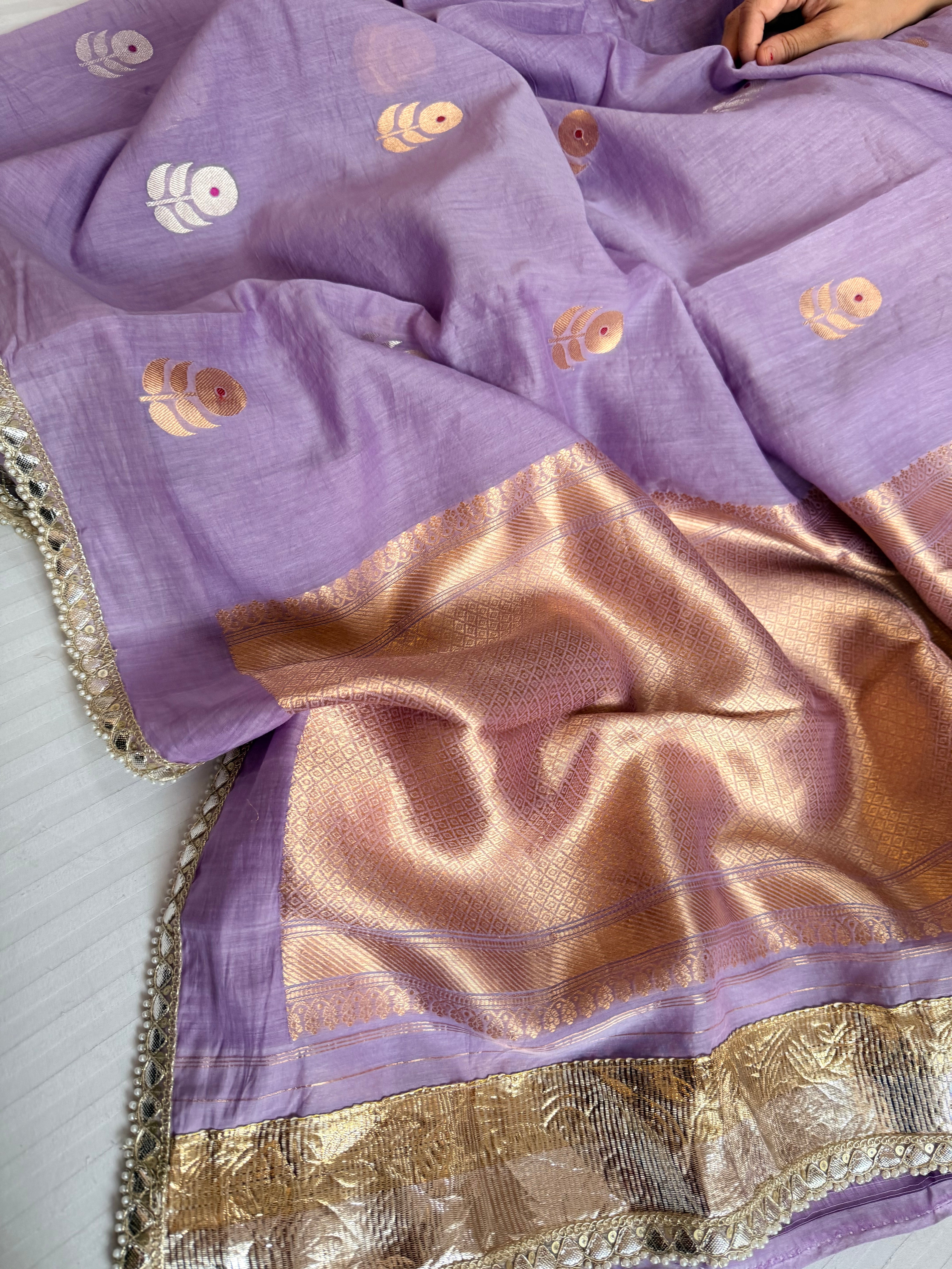 Handloom mulmul cotton silk sarees with lampi gota border