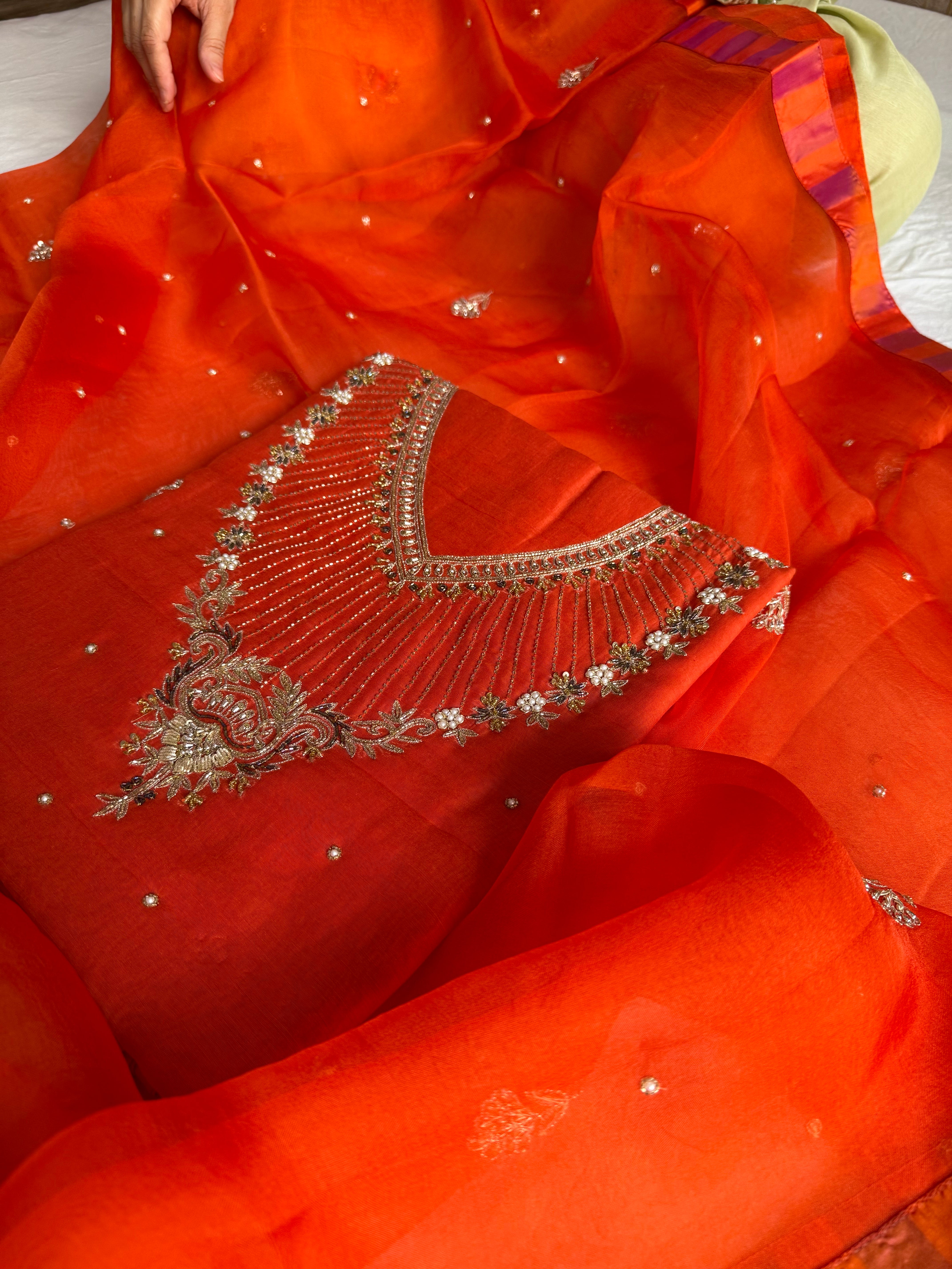 Banarasi formal wear mul cotton fanta orange hand embroidered kurta paired with kora silk banarasi border duppata set