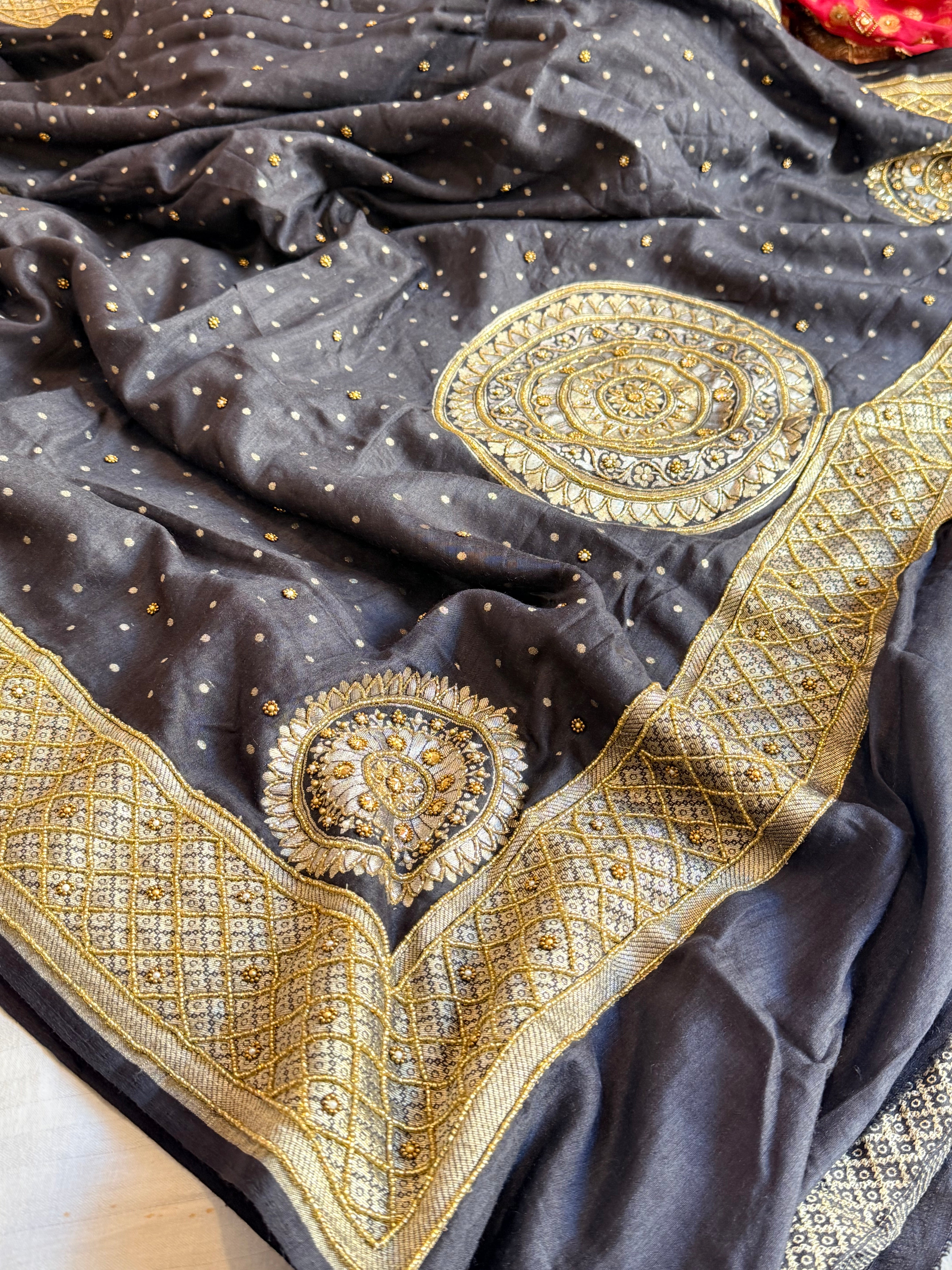 Banarasi moonga silk charcoal black hand embroidered kadhwa saree
