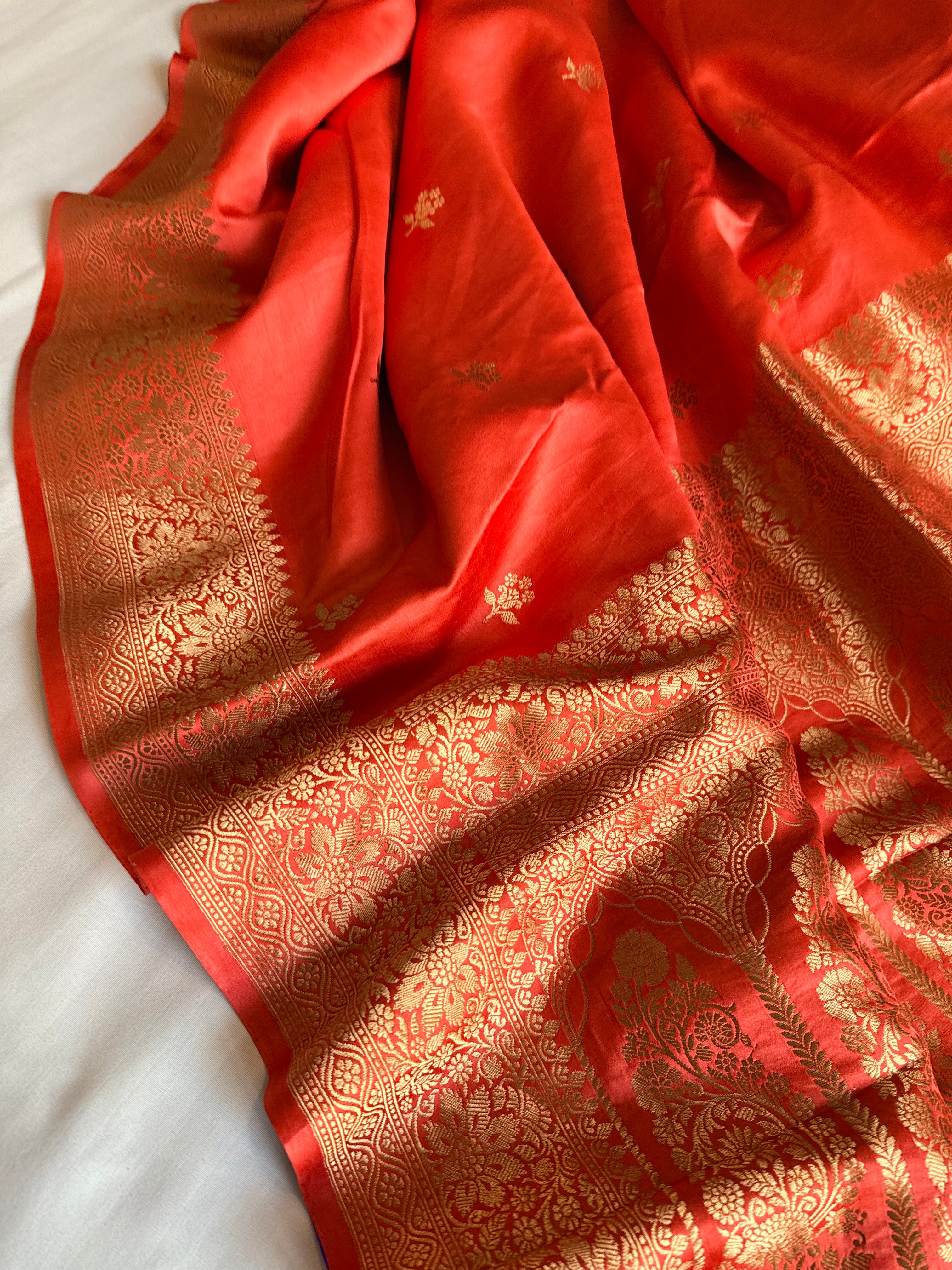Tomato red banarasi mashru silk kadhwa buti saree