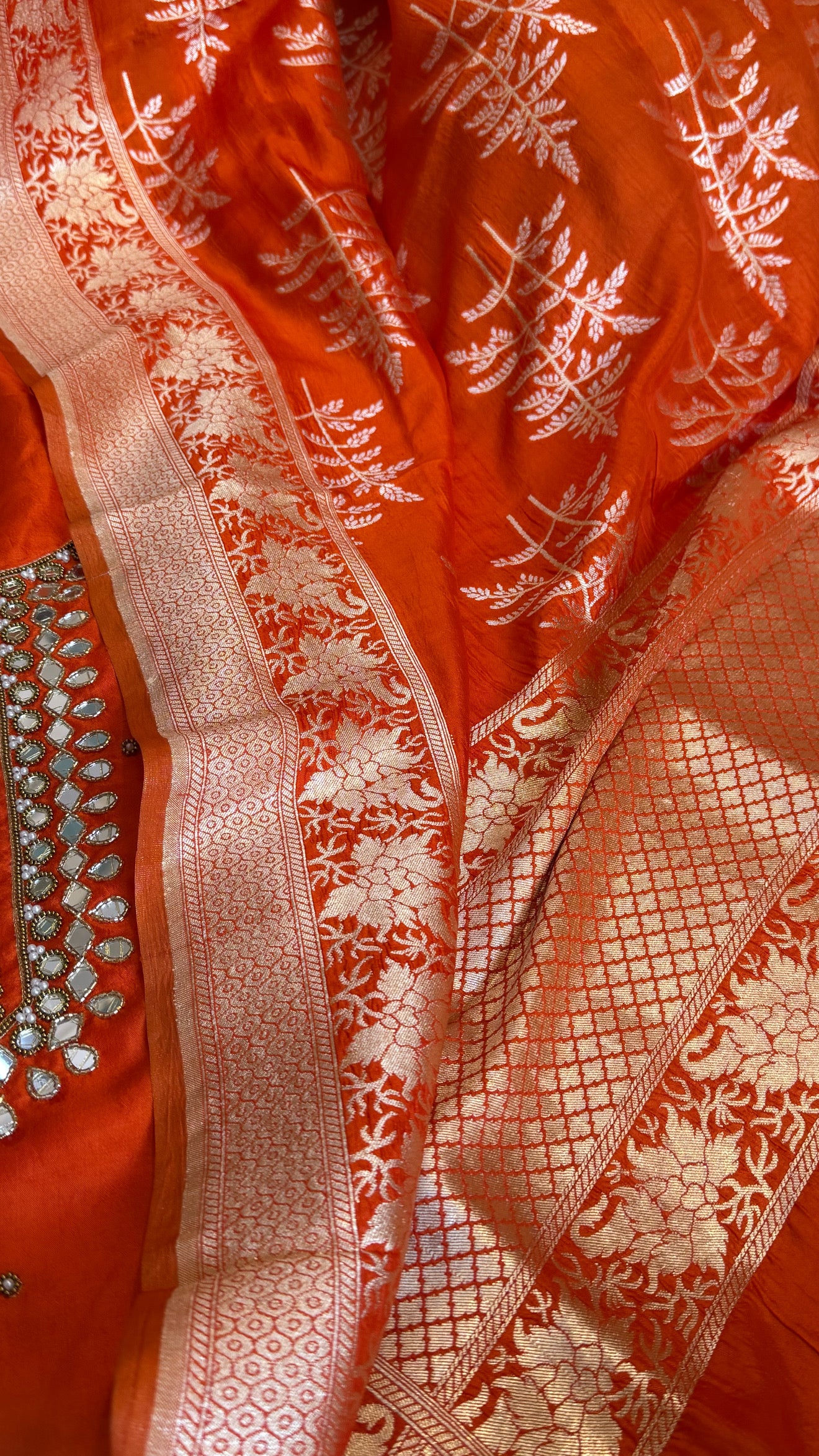 Sheesham fanta orange mirror work hand embroidered katan silk suit set