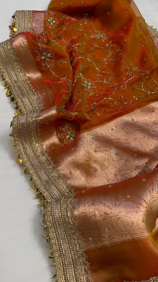 Husn shadi wali saree - Narangi orange husn tissue silk heavy hand embroidered saree