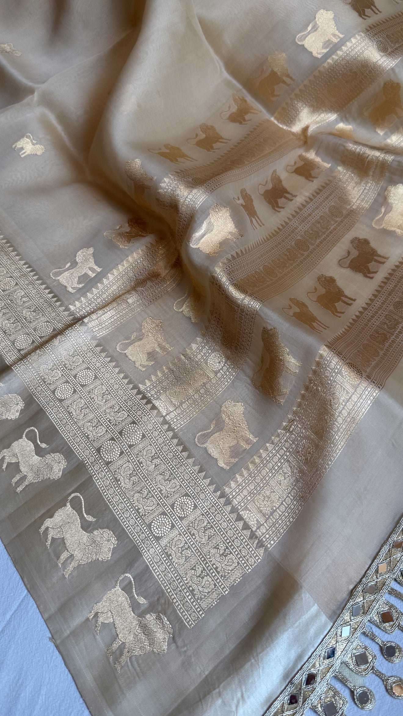 Champagne gold kora silk hand embroidered kadhwa saree