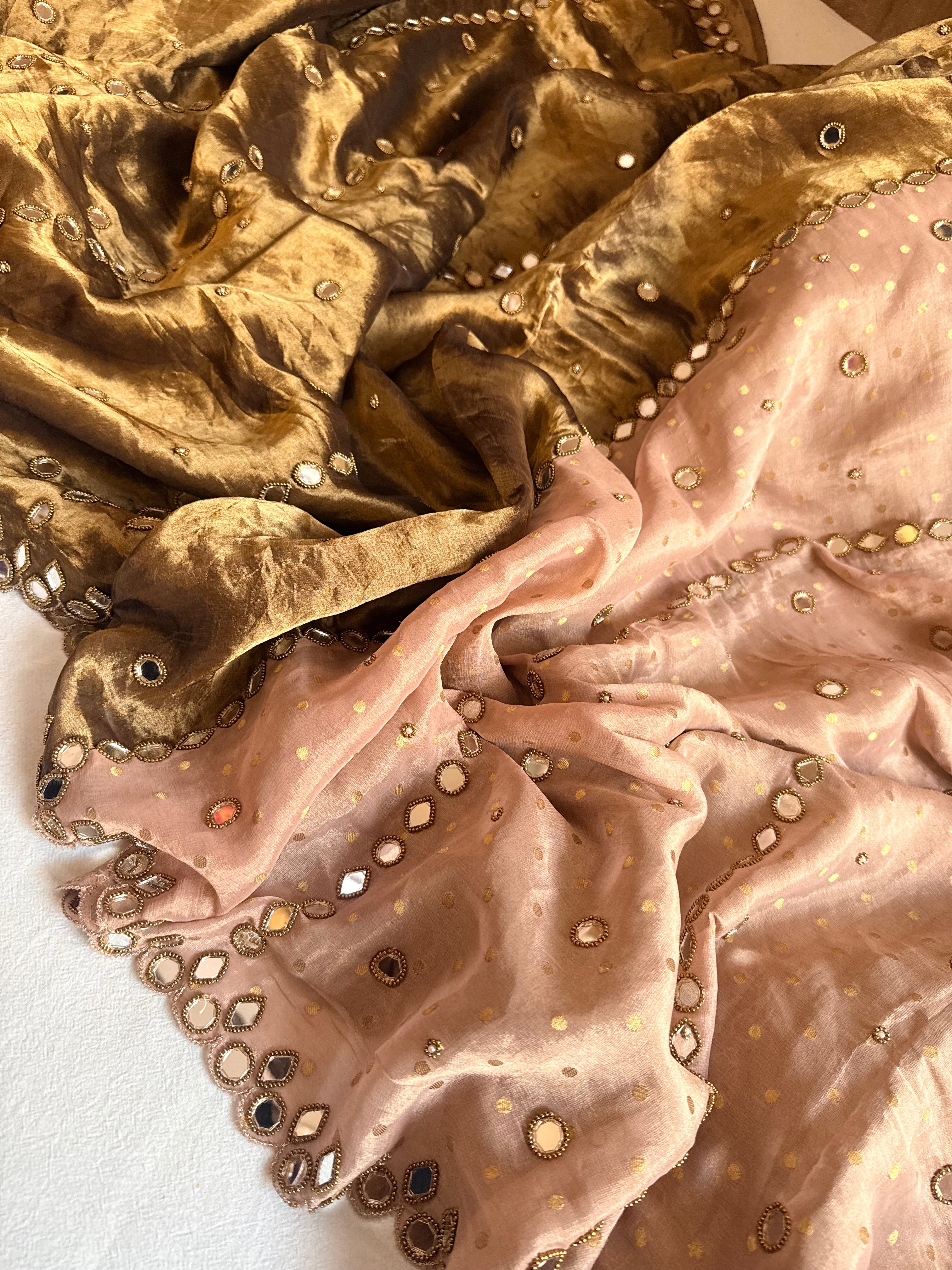 Tyohaar edit - Chiffon tissue gorgette mirrorwork half-half kafhwa buti saree
